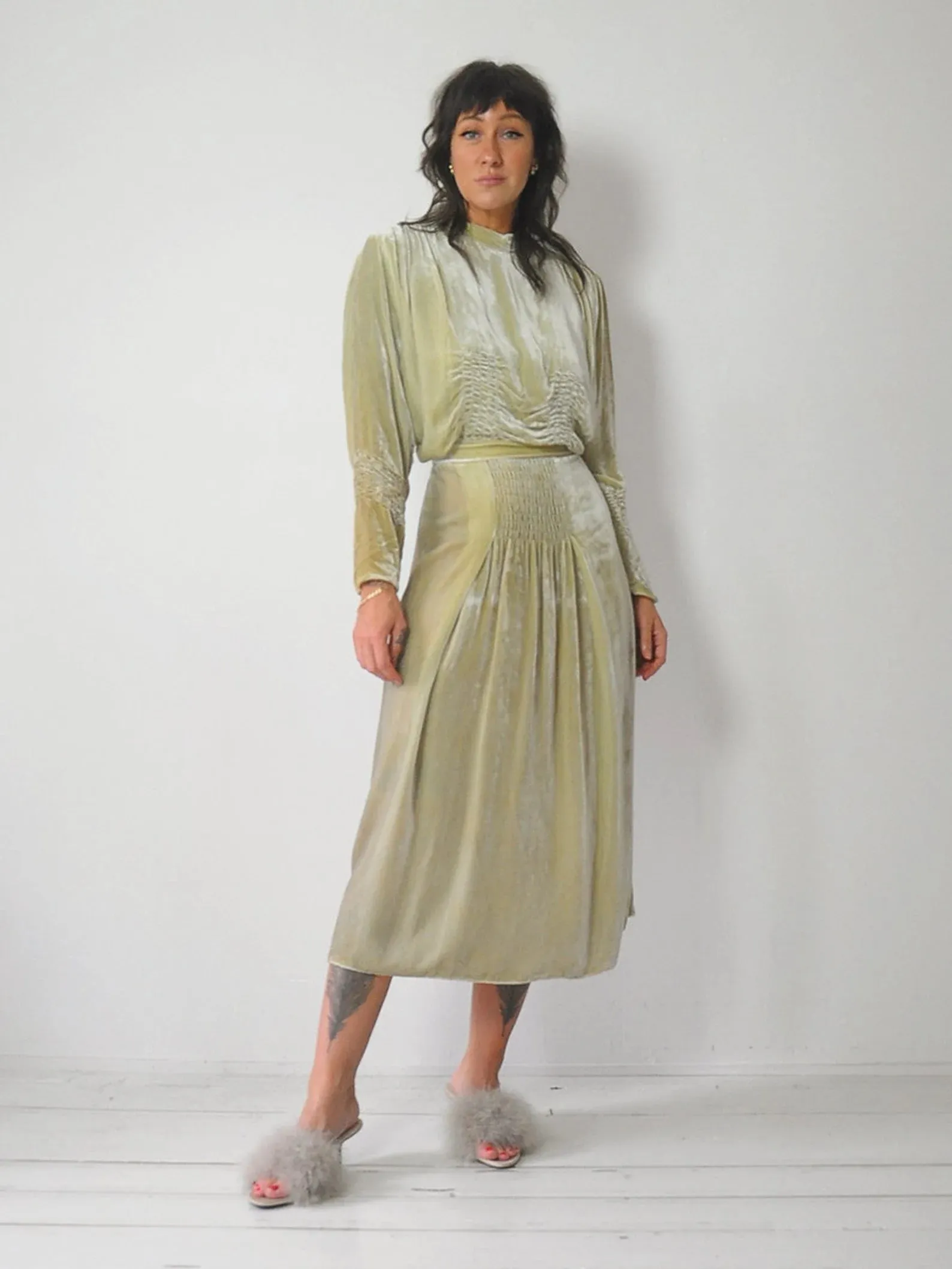 1920's/30's Pear Green Velvet Dress