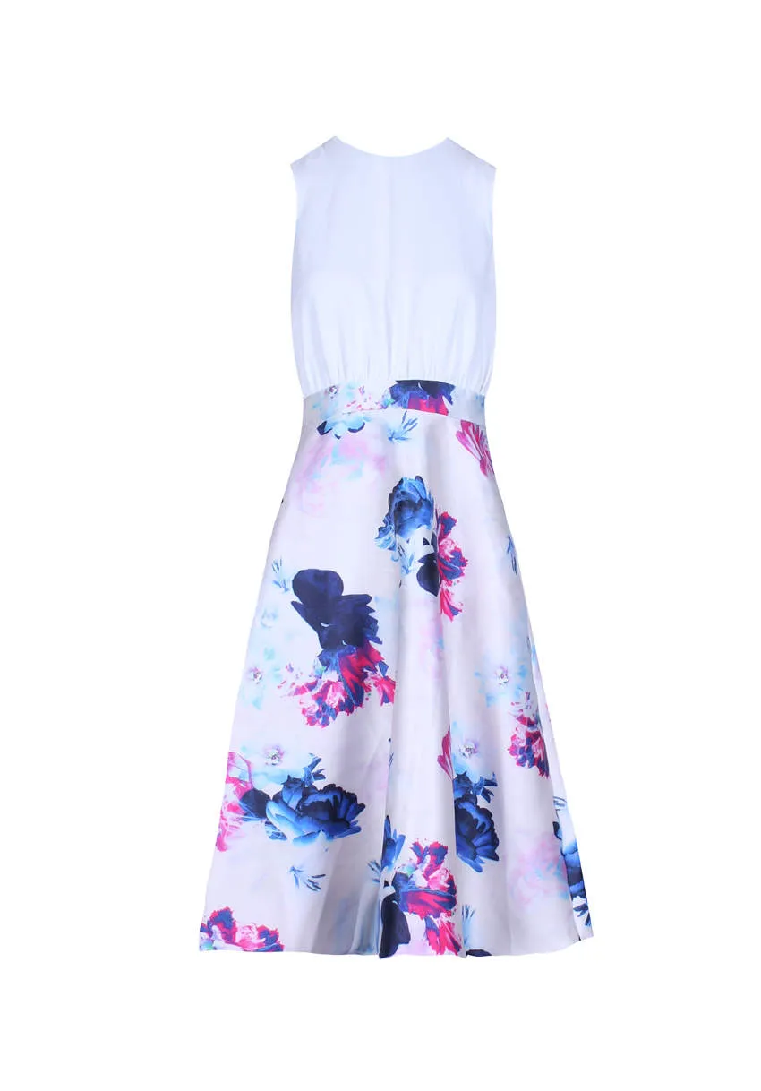 2 In 1 Cream Printed Skater Skirt Midi Dress