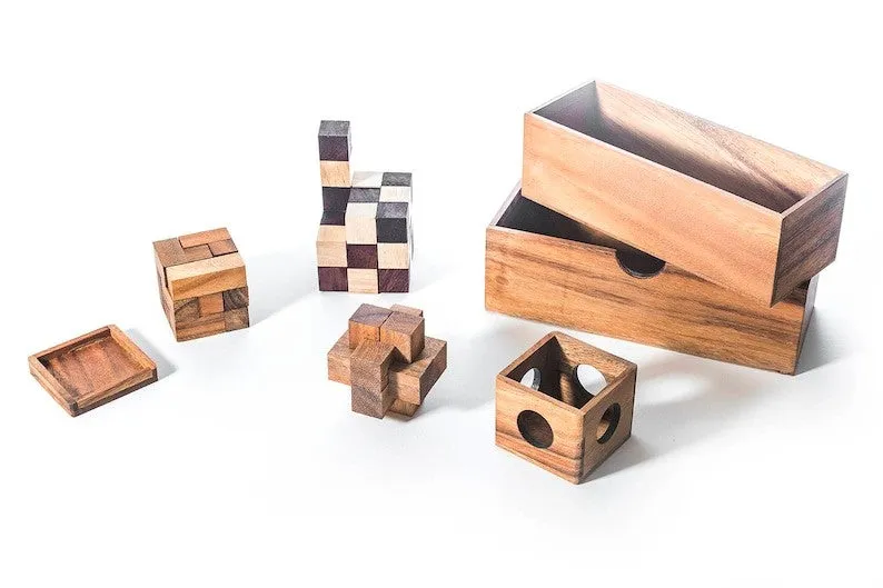 3 puzzles Brain teaser in a gift wooden box.