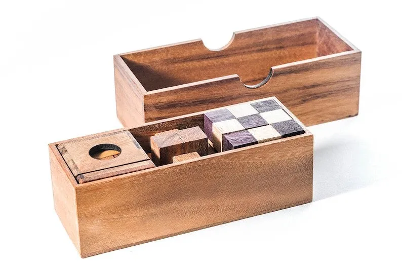 3 puzzles Brain teaser in a gift wooden box.