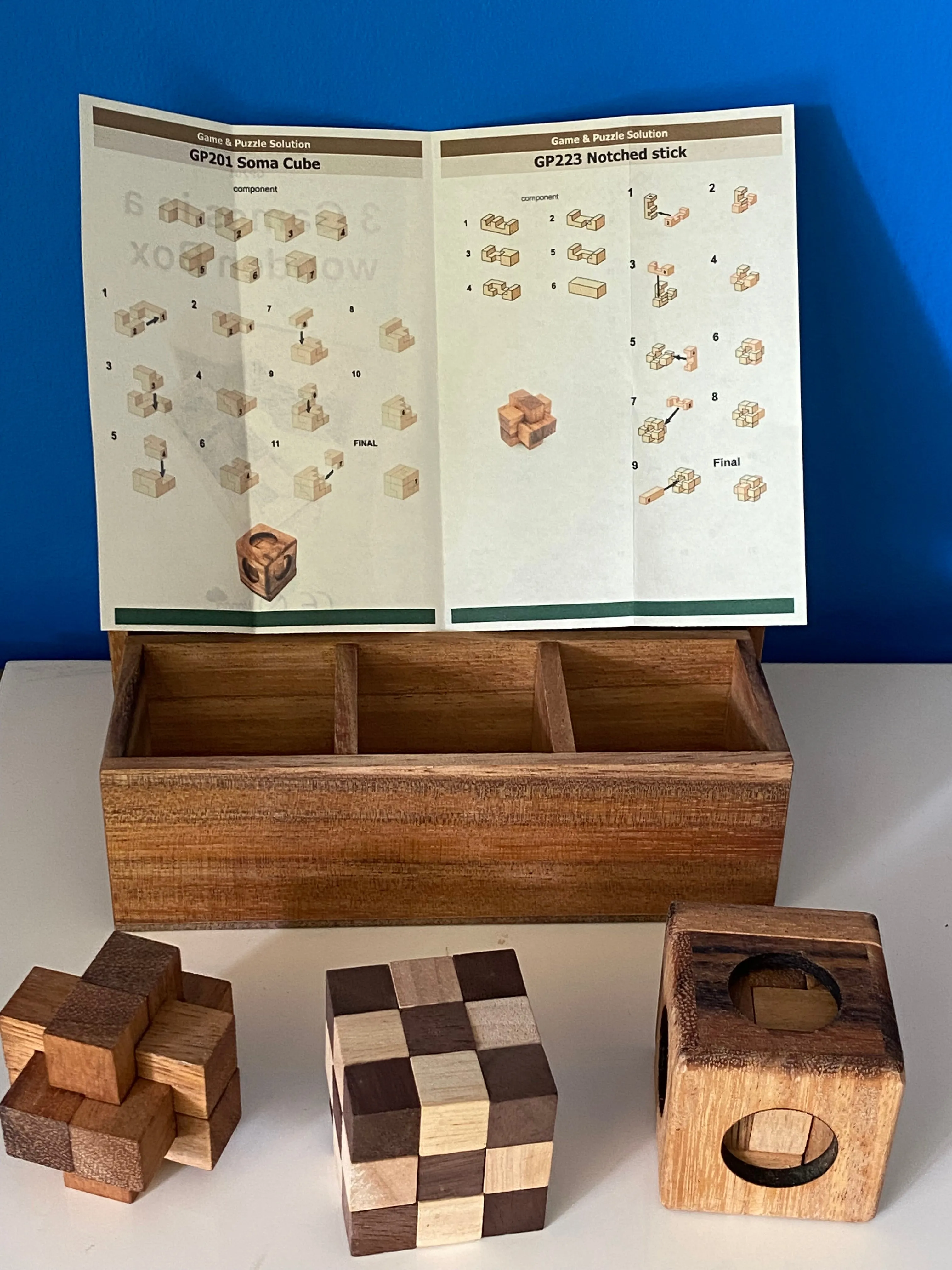 3 puzzles Brain teaser in a gift wooden box.