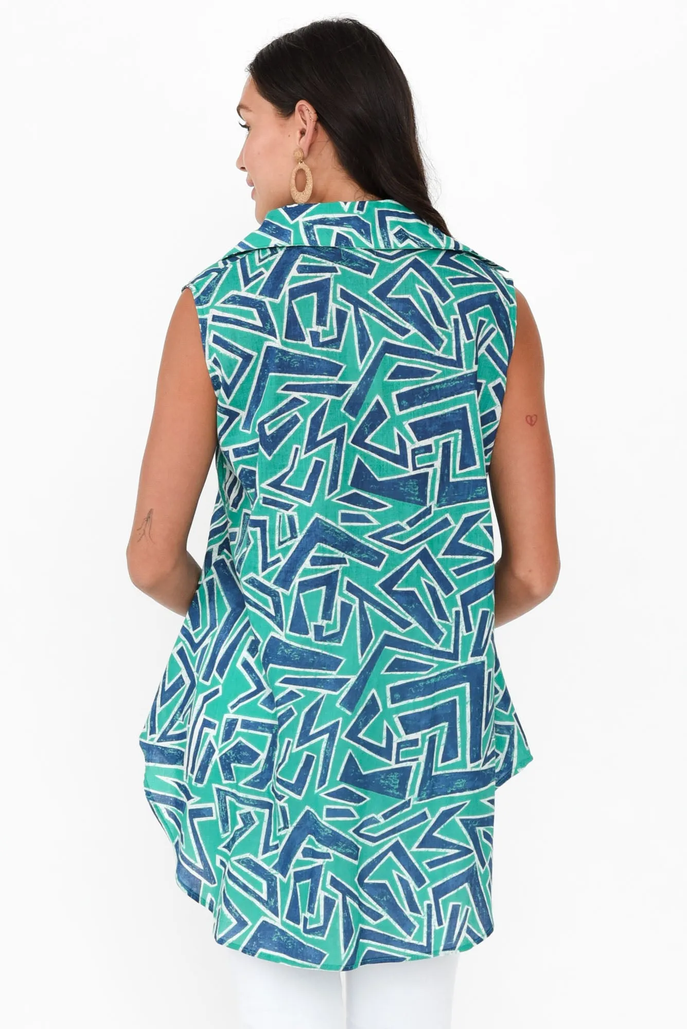 Ana Green Abstract Cotton Sleeveless Top