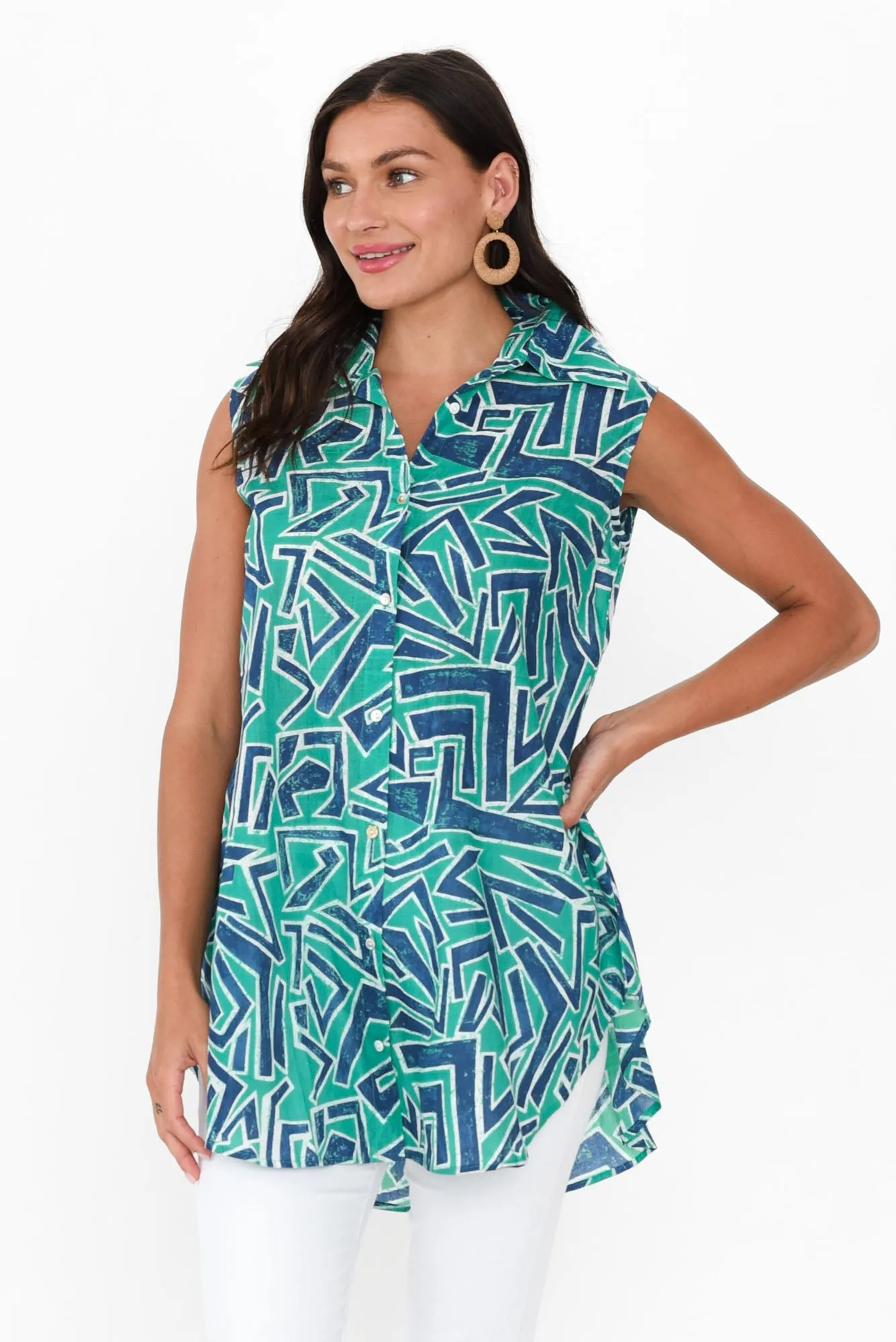 Ana Green Abstract Cotton Sleeveless Top