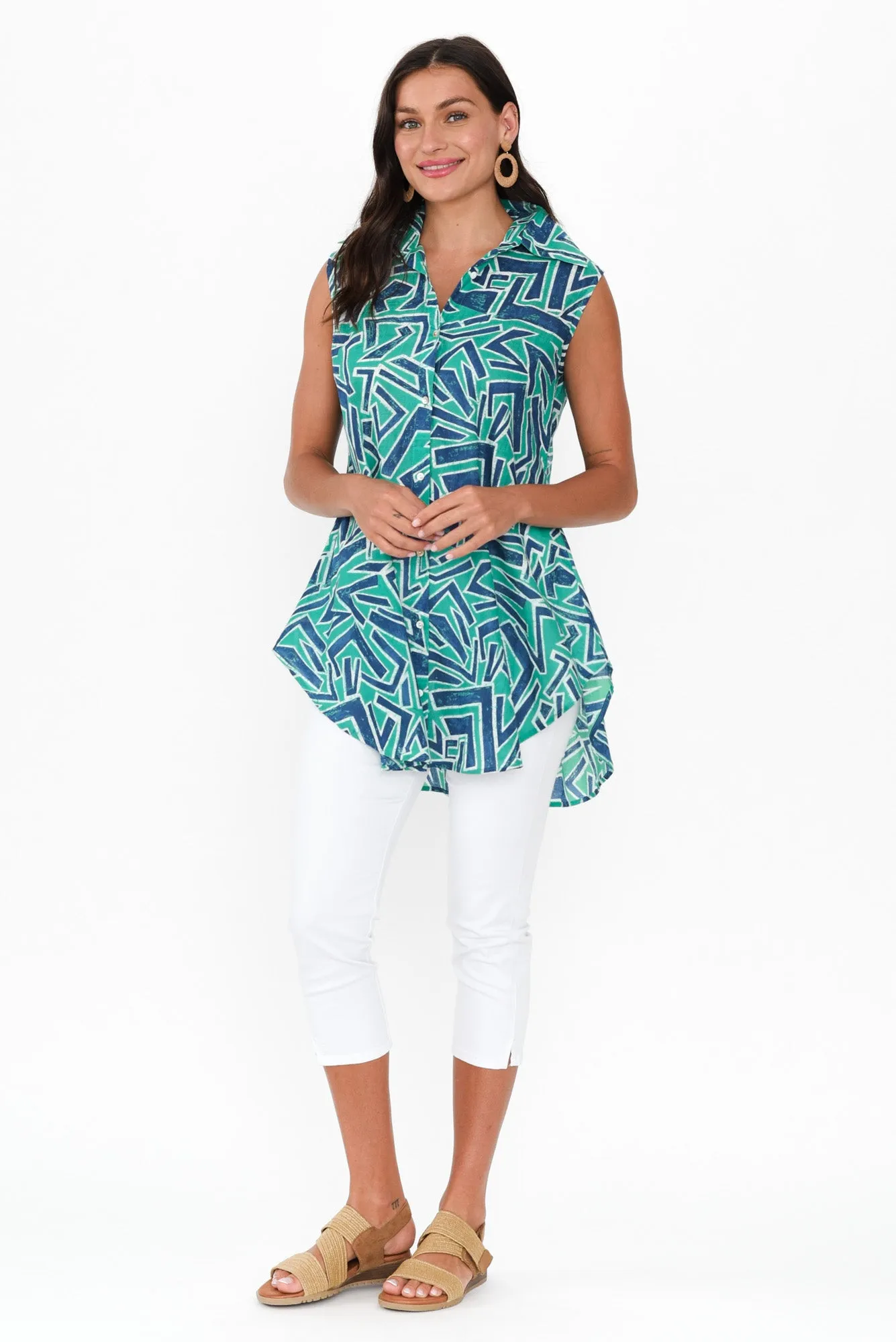 Ana Green Abstract Cotton Sleeveless Top