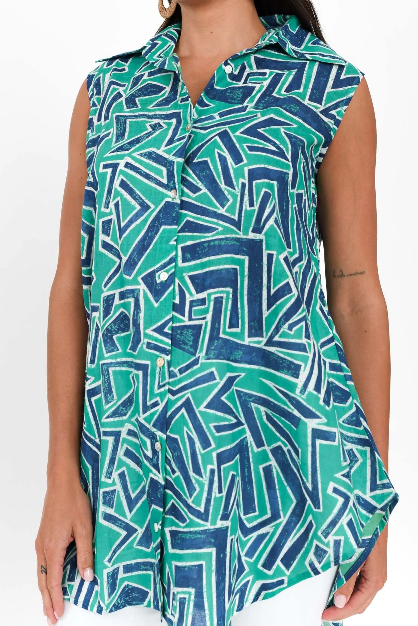 Ana Green Abstract Cotton Sleeveless Top