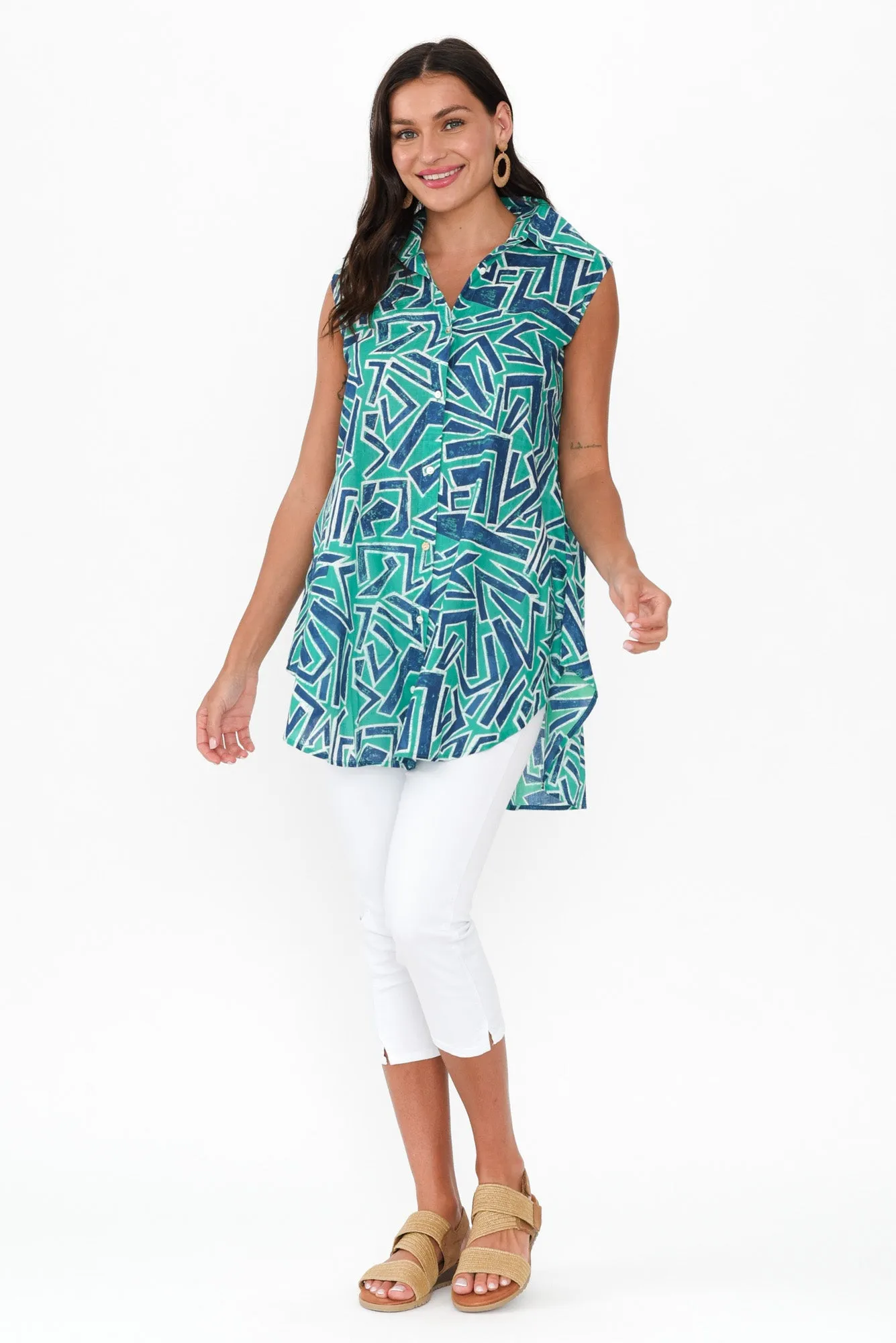 Ana Green Abstract Cotton Sleeveless Top