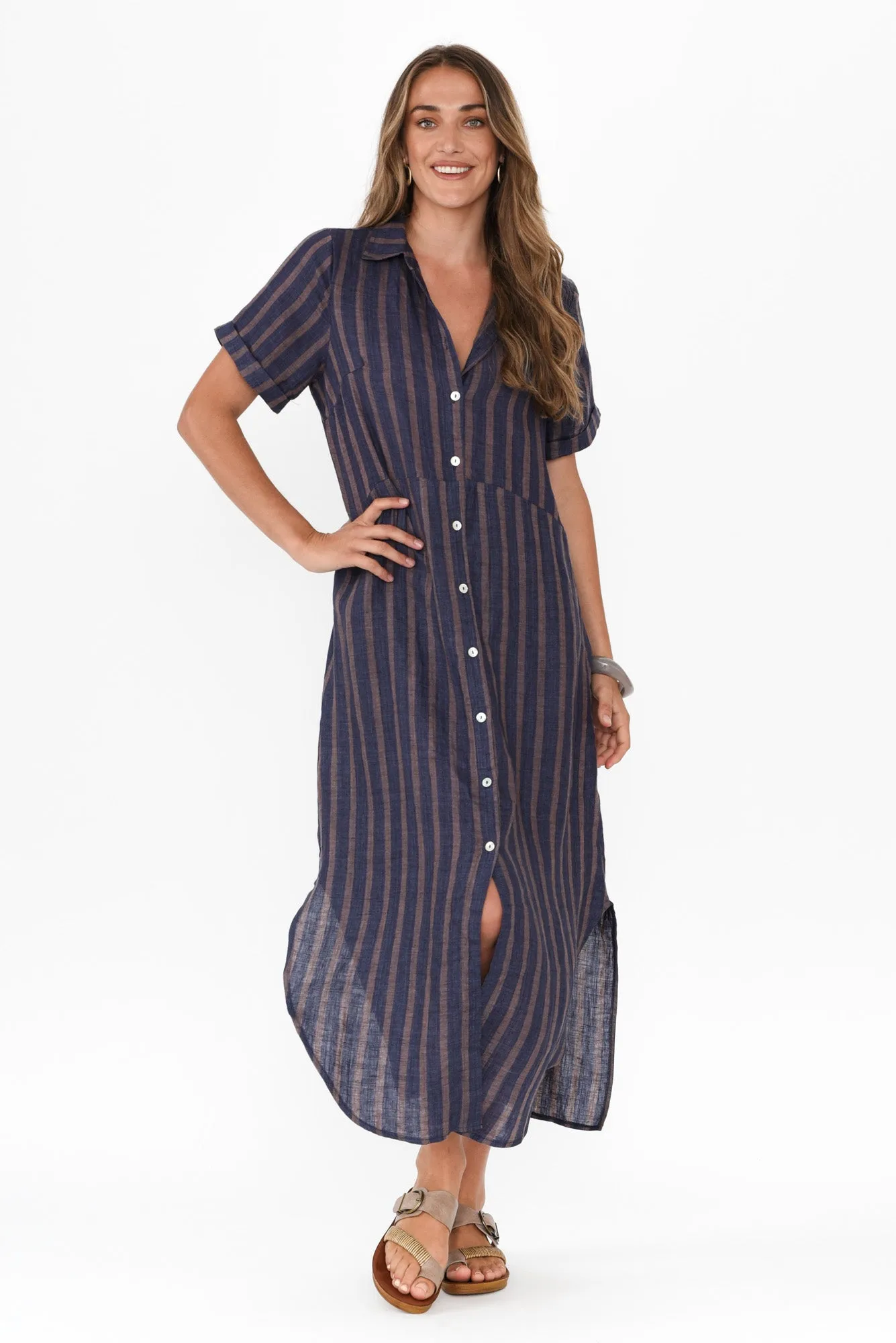 Aries Navy Stripe Linen Shirt Dress