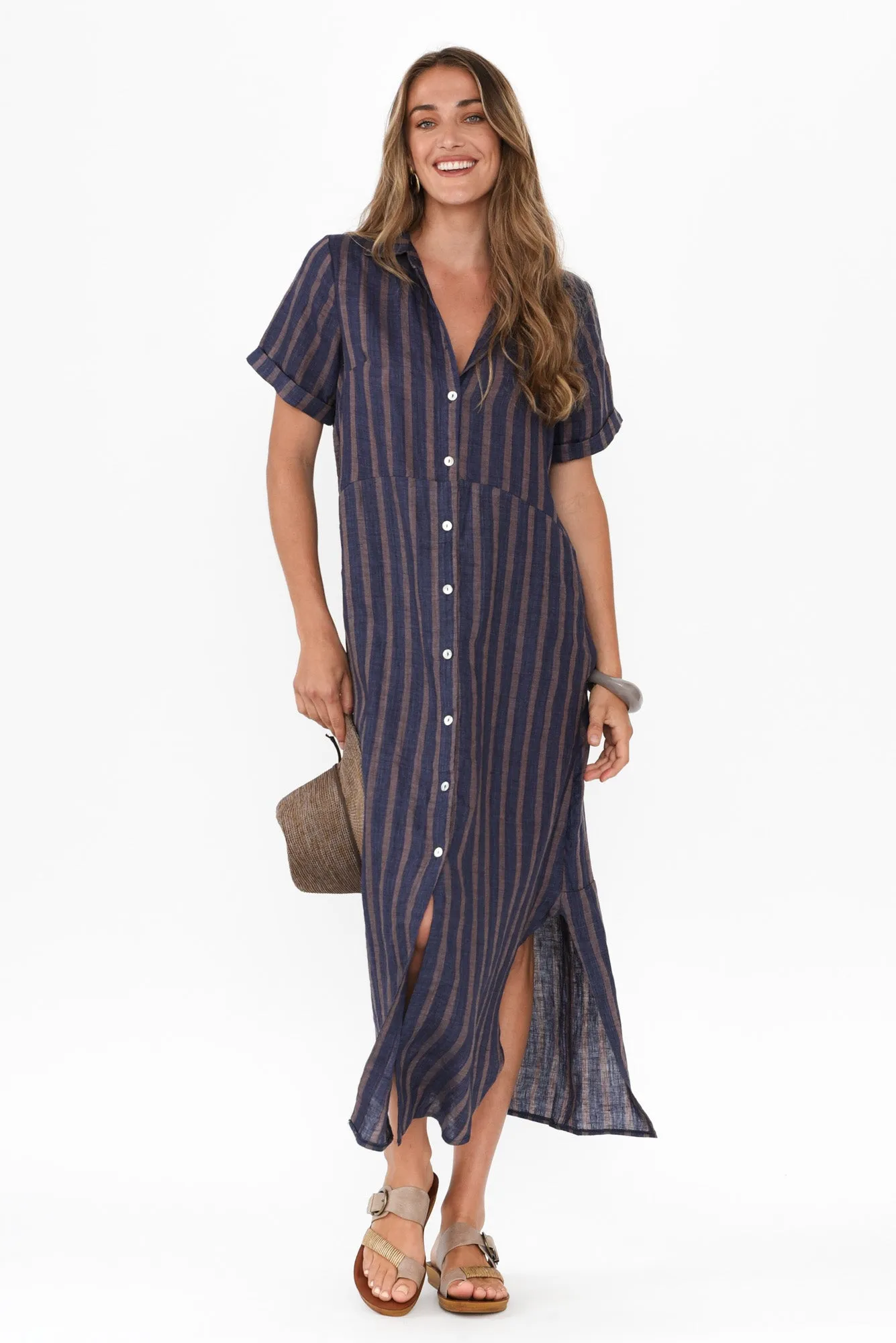 Aries Navy Stripe Linen Shirt Dress