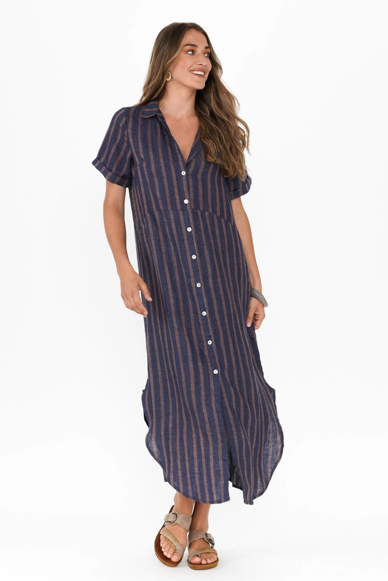 Aries Navy Stripe Linen Shirt Dress