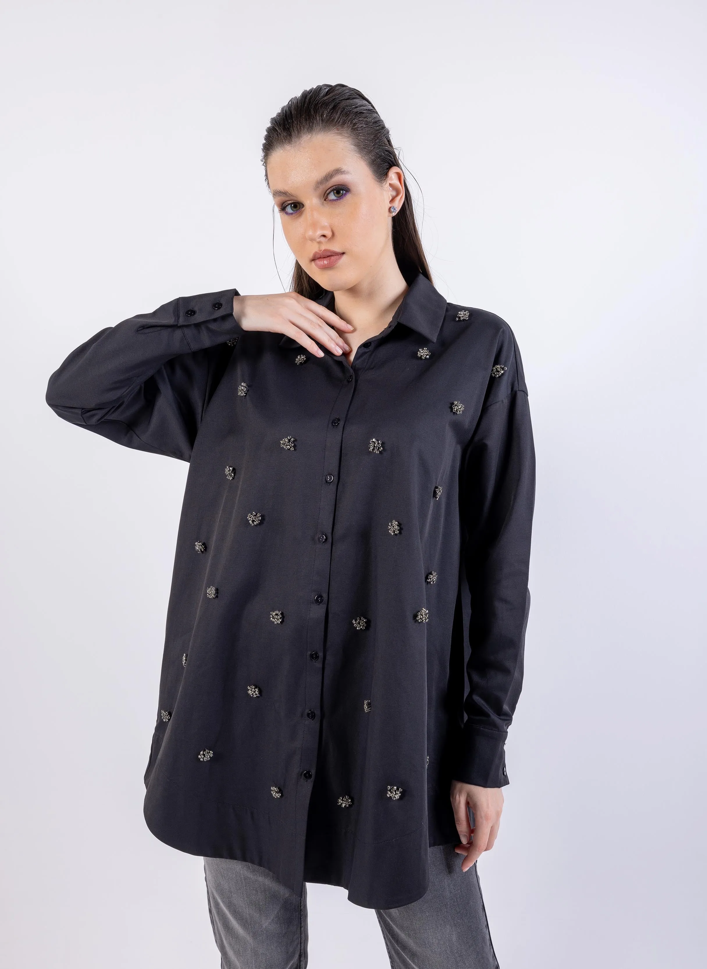 Bead-Embellished Oversized Shirt