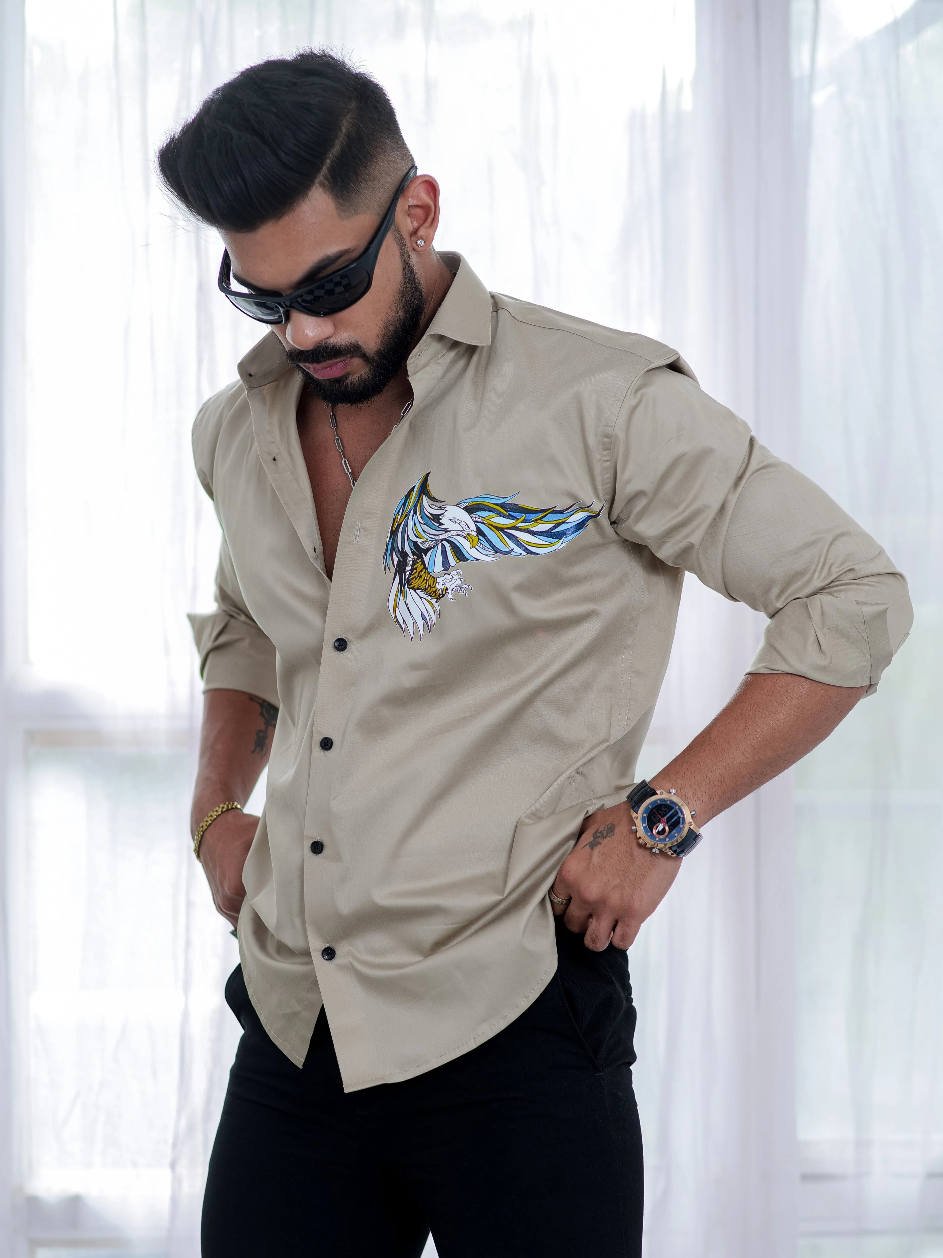 Beige Club Wear Printed Satin Cotton Shirt