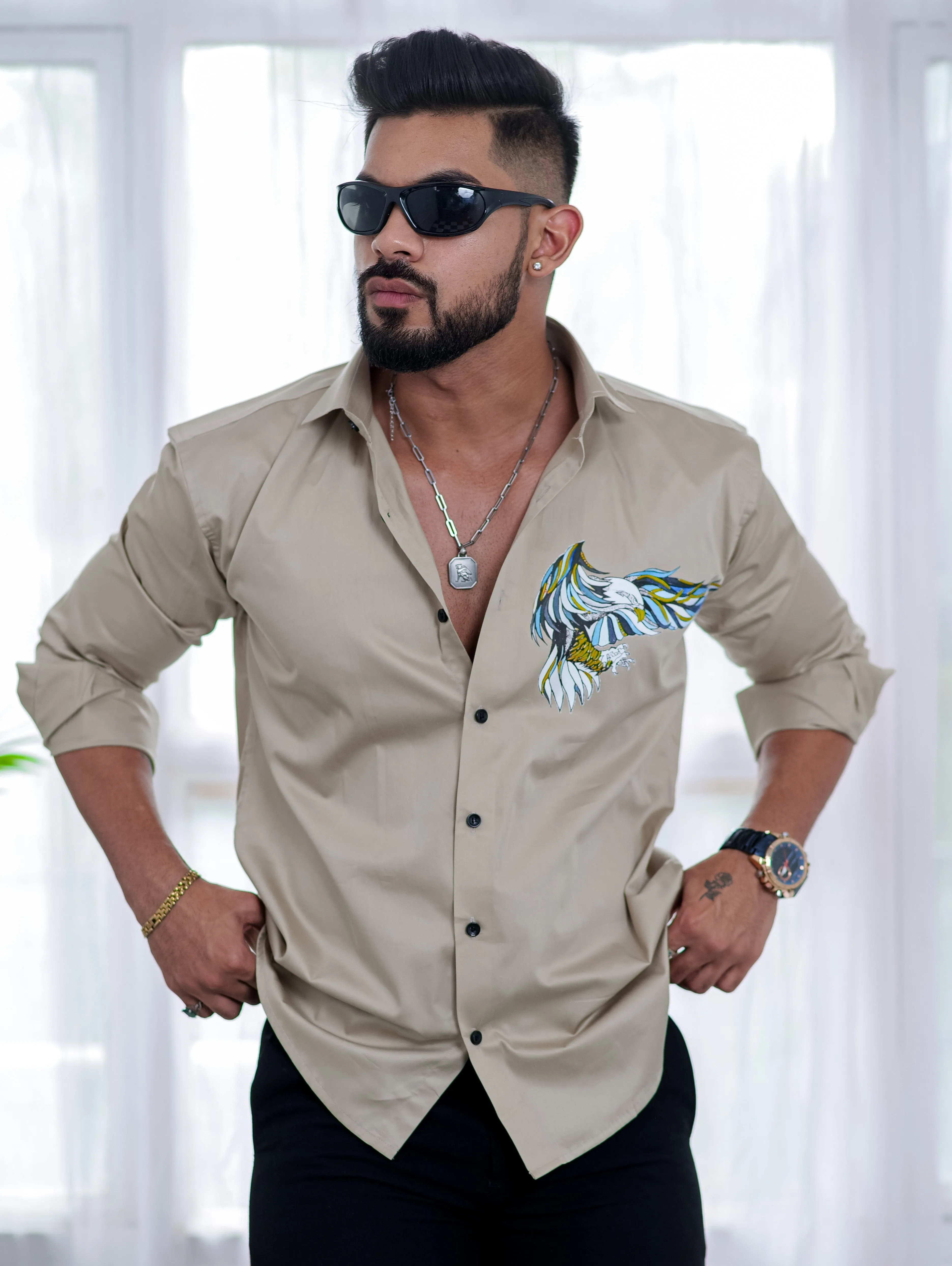 Beige Club Wear Printed Satin Cotton Shirt