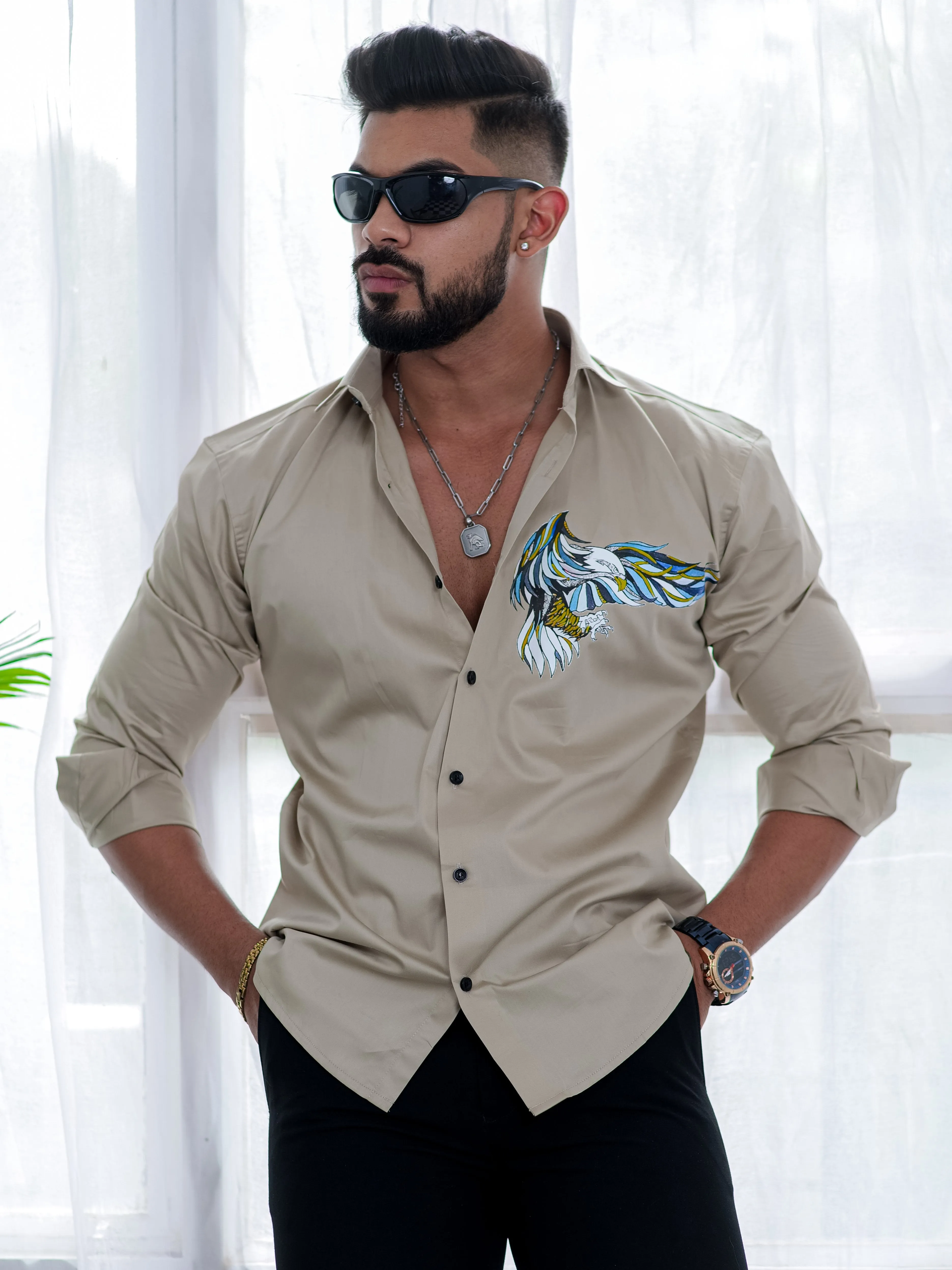 Beige Club Wear Printed Satin Cotton Shirt