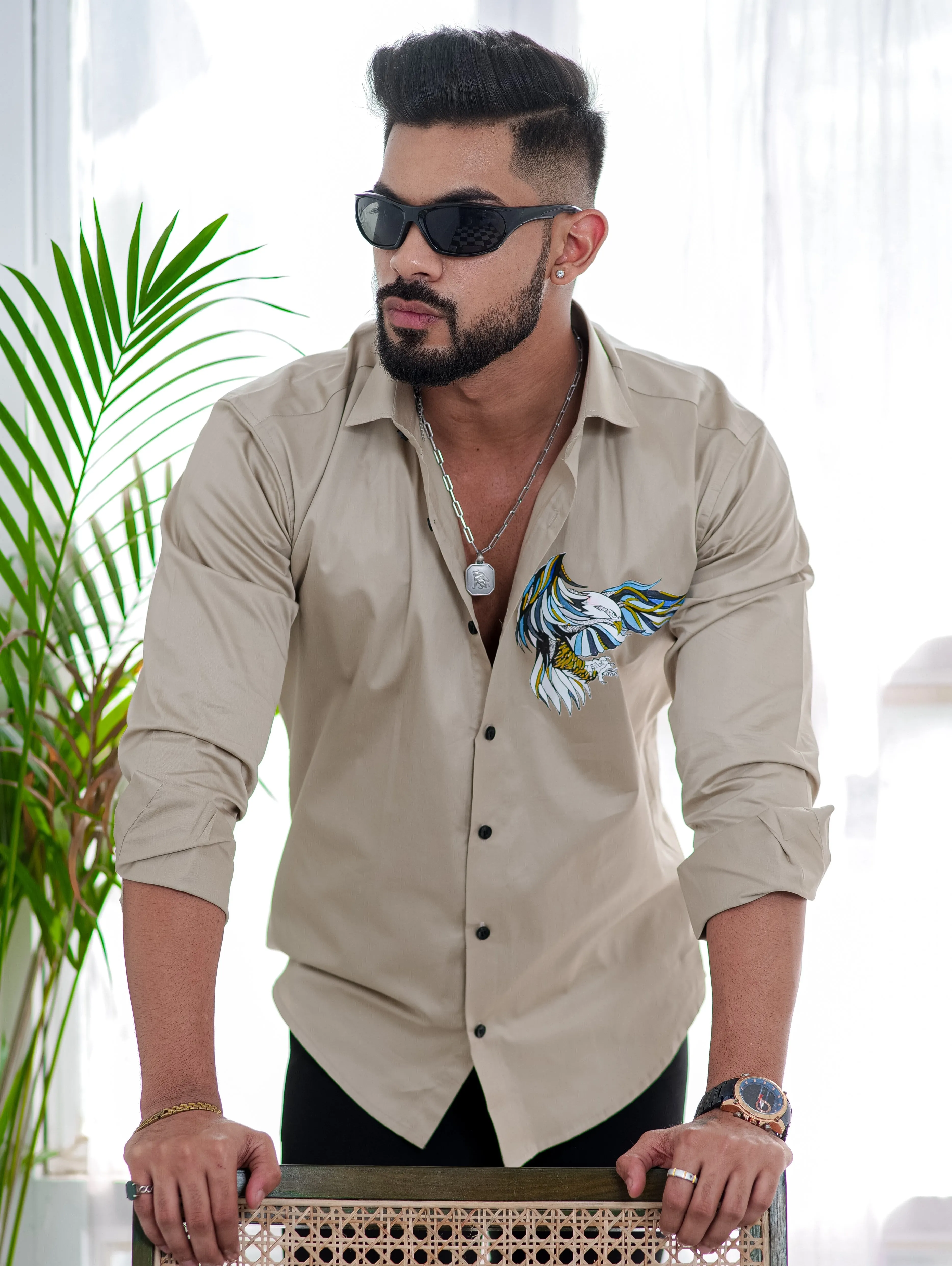 Beige Club Wear Printed Satin Cotton Shirt