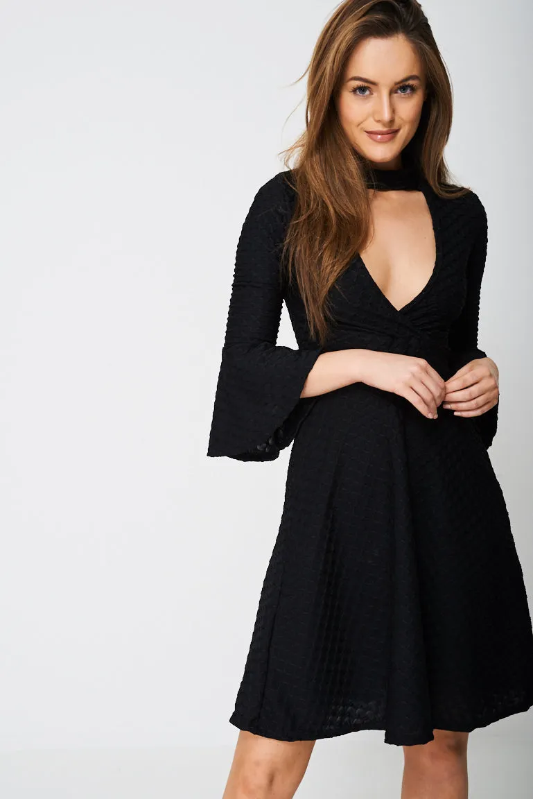 Bell Sleeve Skater Dress In Black