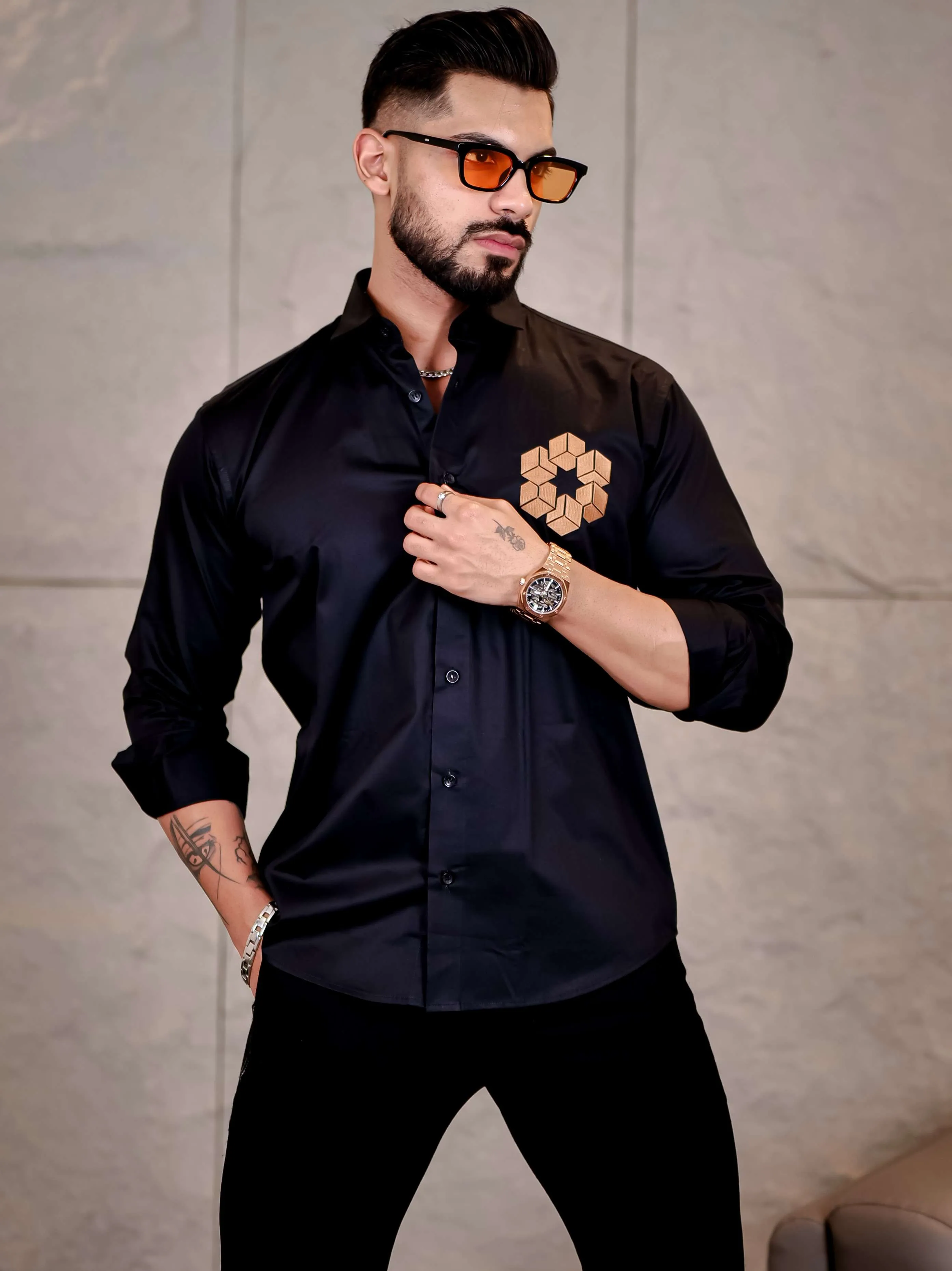 Black Arabian Cube Embroidered Premium Cotton Shirt For Men