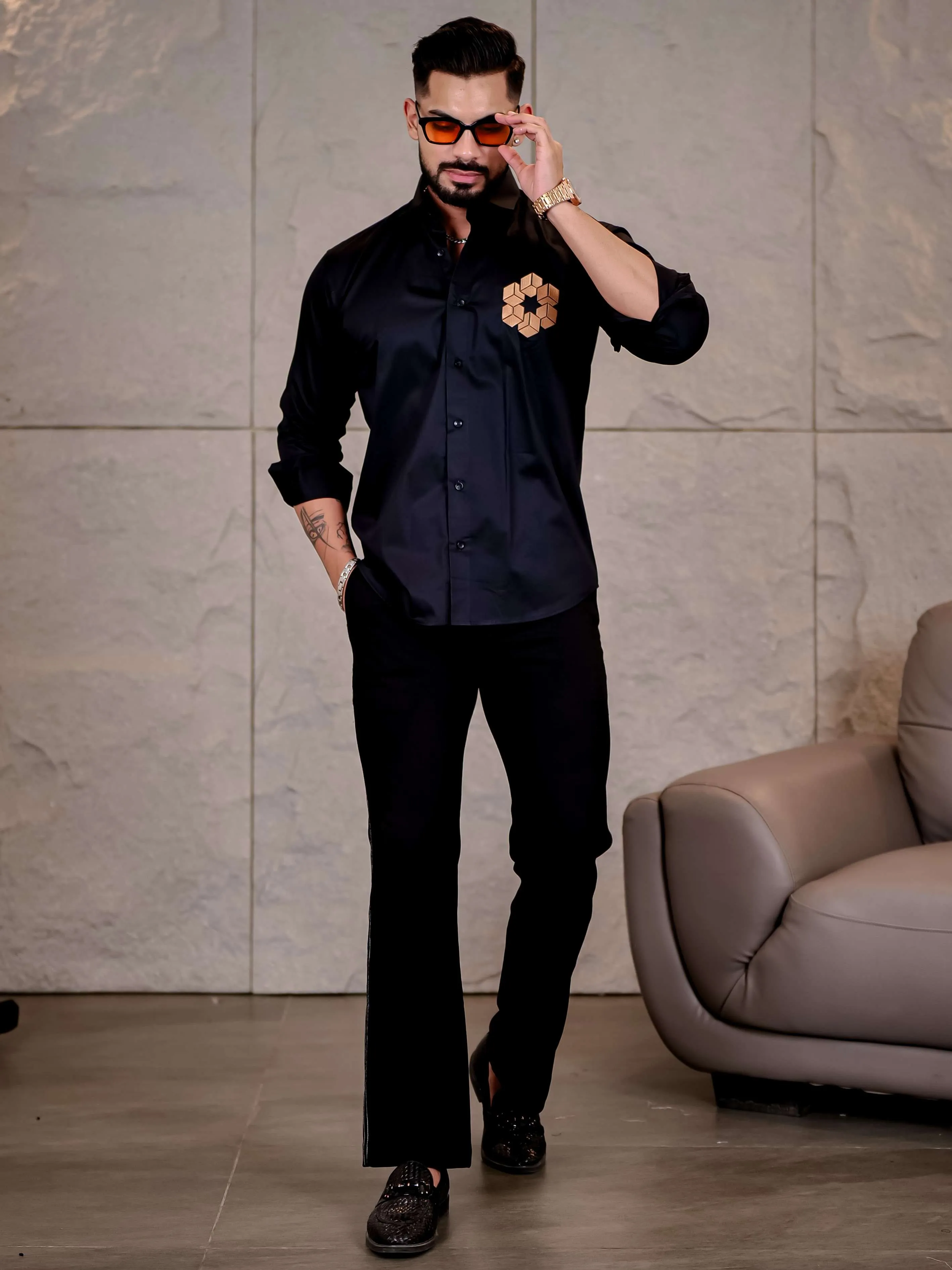 Black Arabian Cube Embroidered Premium Cotton Shirt For Men