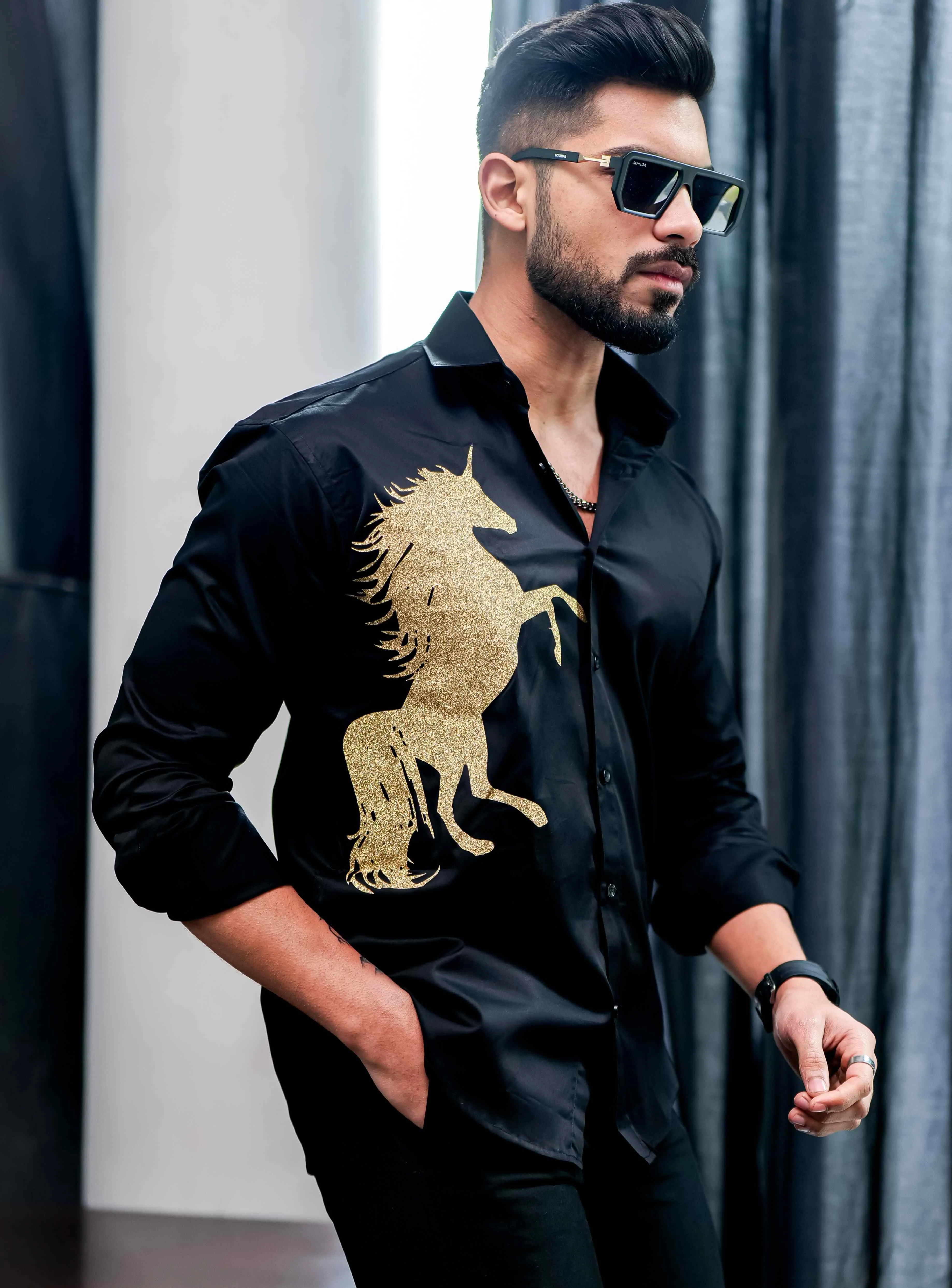 Black Club Wear Horse Printed Satin Cotton Shirt