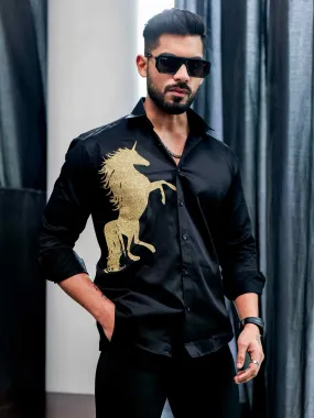 Black Club Wear Horse Printed Satin Cotton Shirt