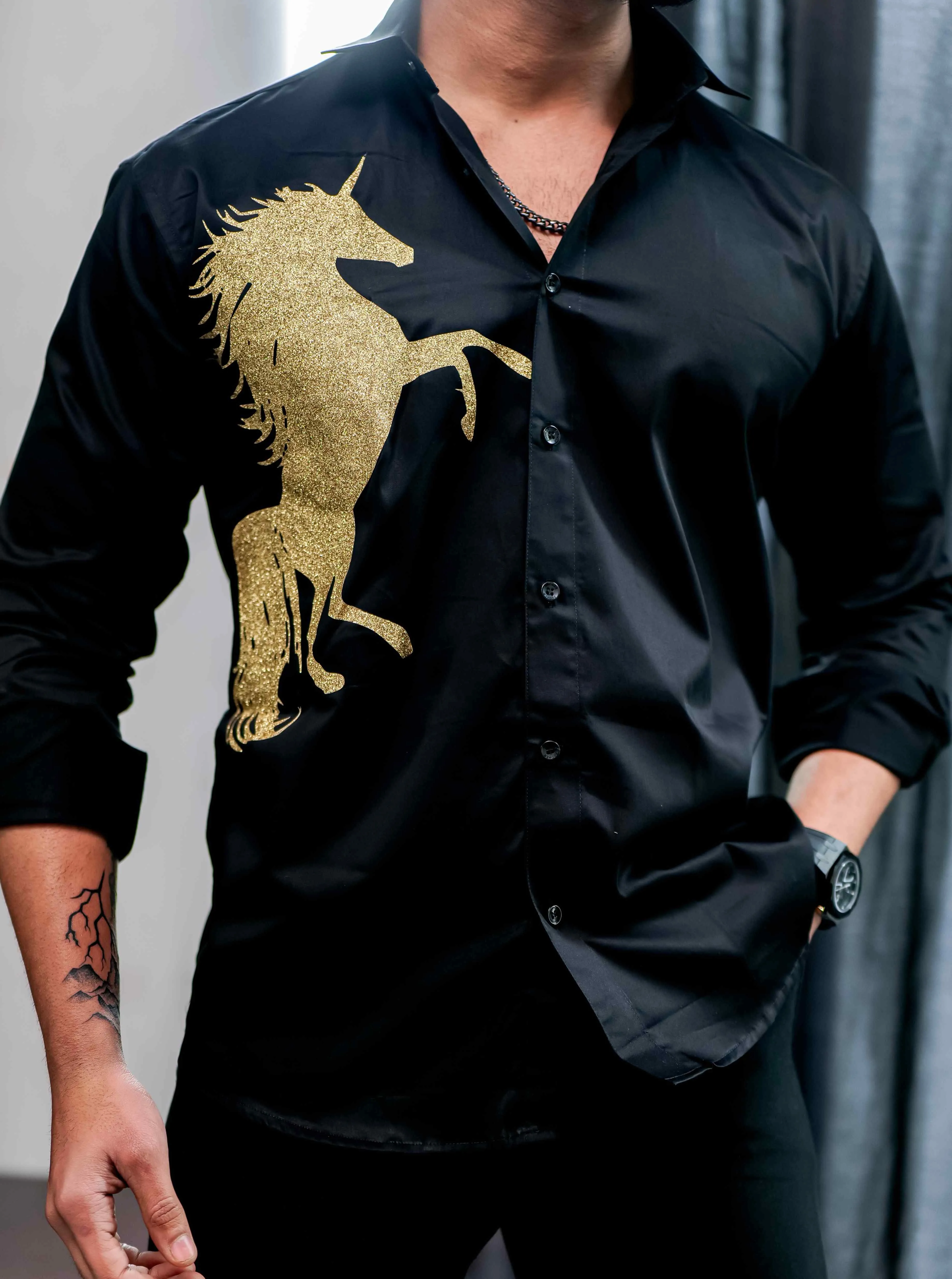 Black Club Wear Horse Printed Satin Cotton Shirt