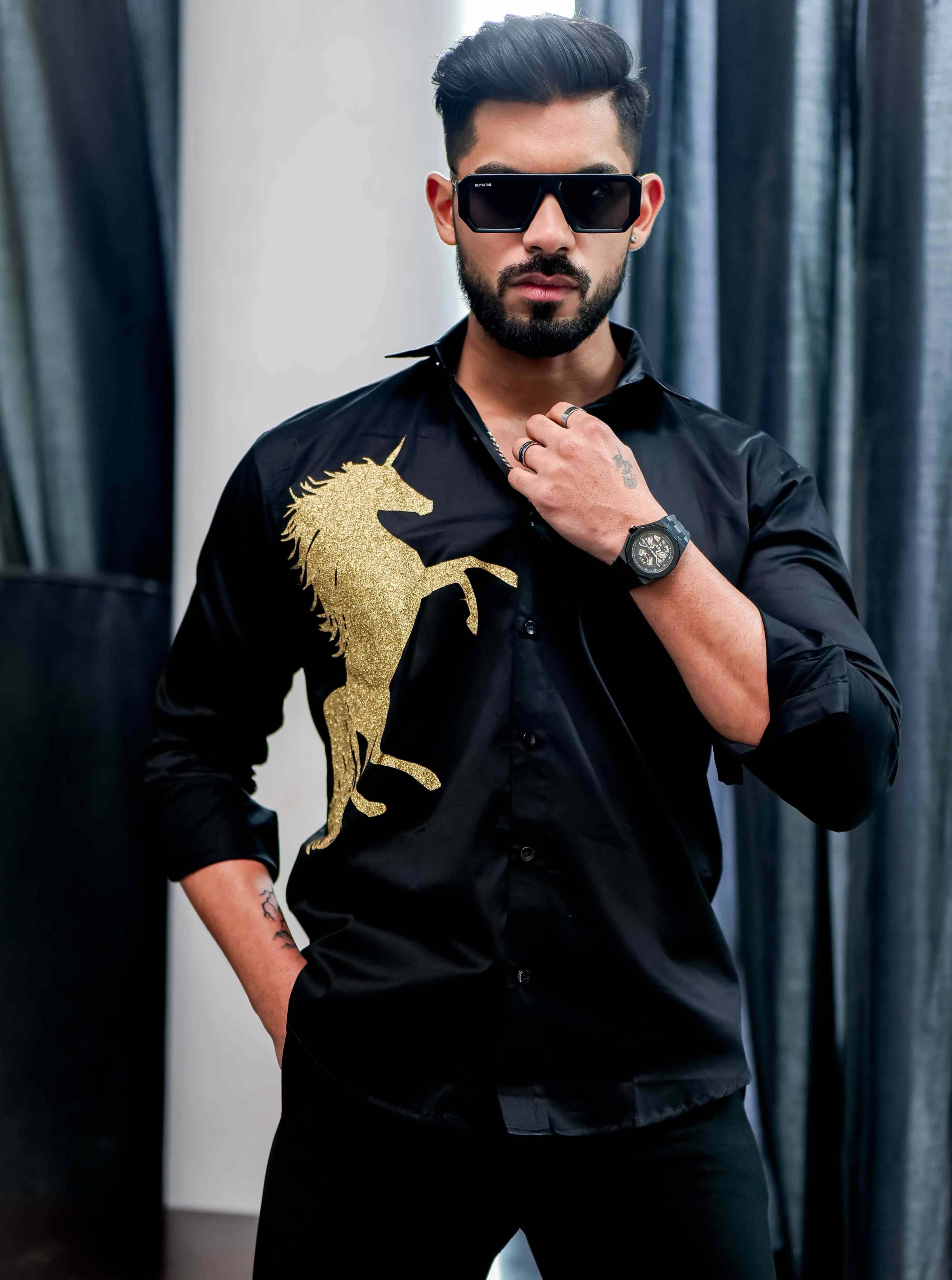 Black Club Wear Horse Printed Satin Cotton Shirt