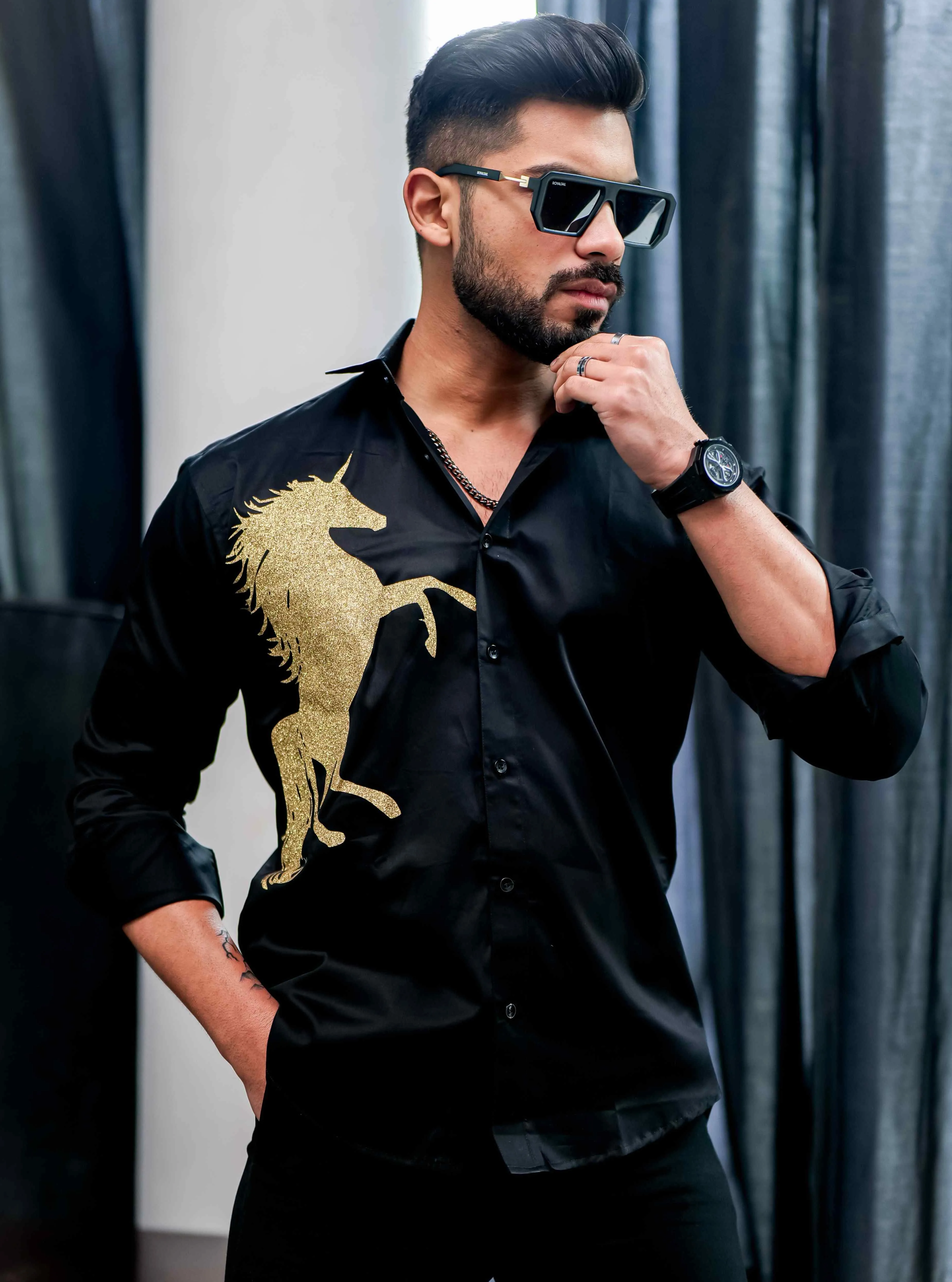 Black Club Wear Horse Printed Satin Cotton Shirt