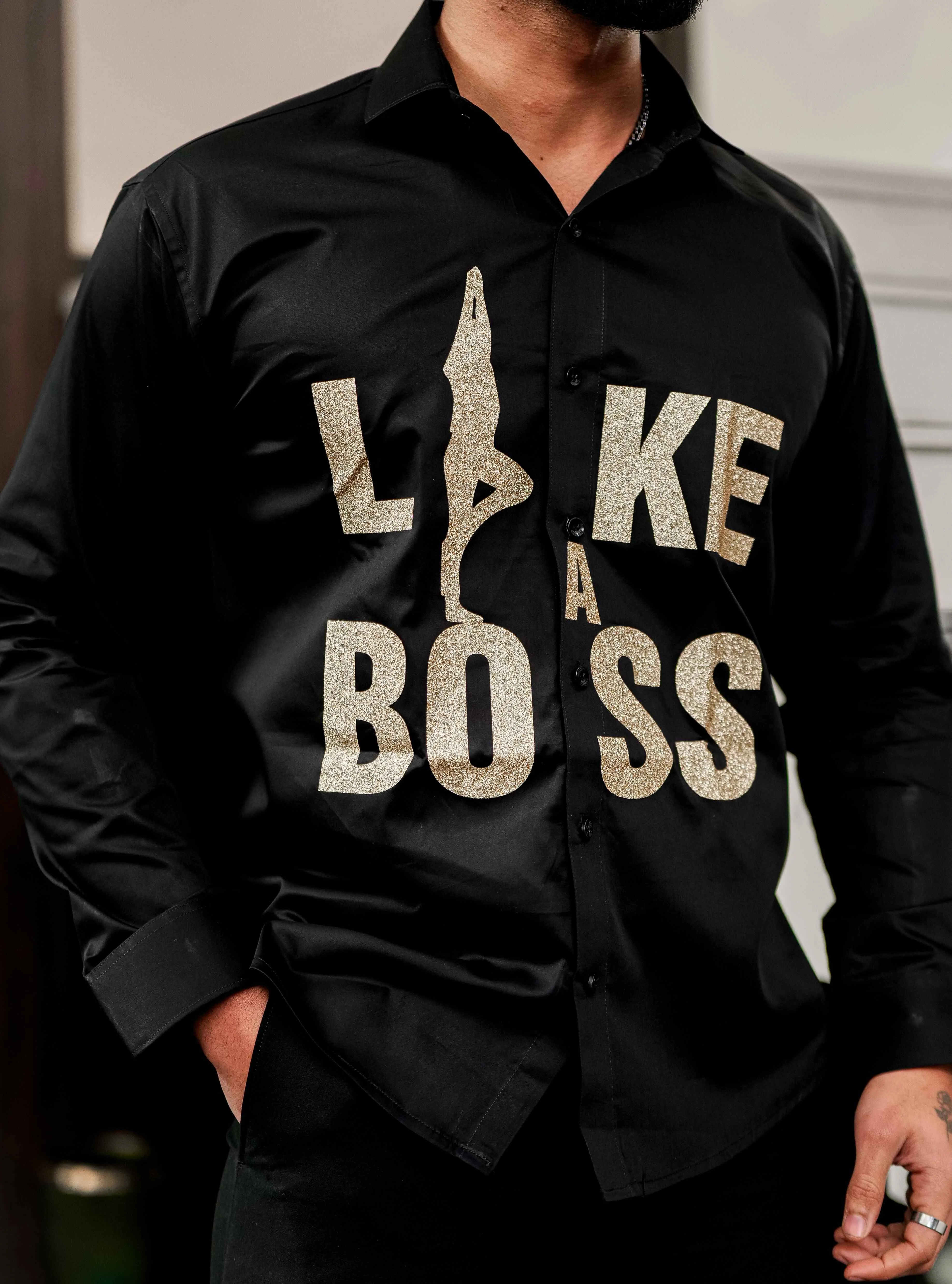 Black Club Wear Like A Boss Printed Satin Cotton Shirt