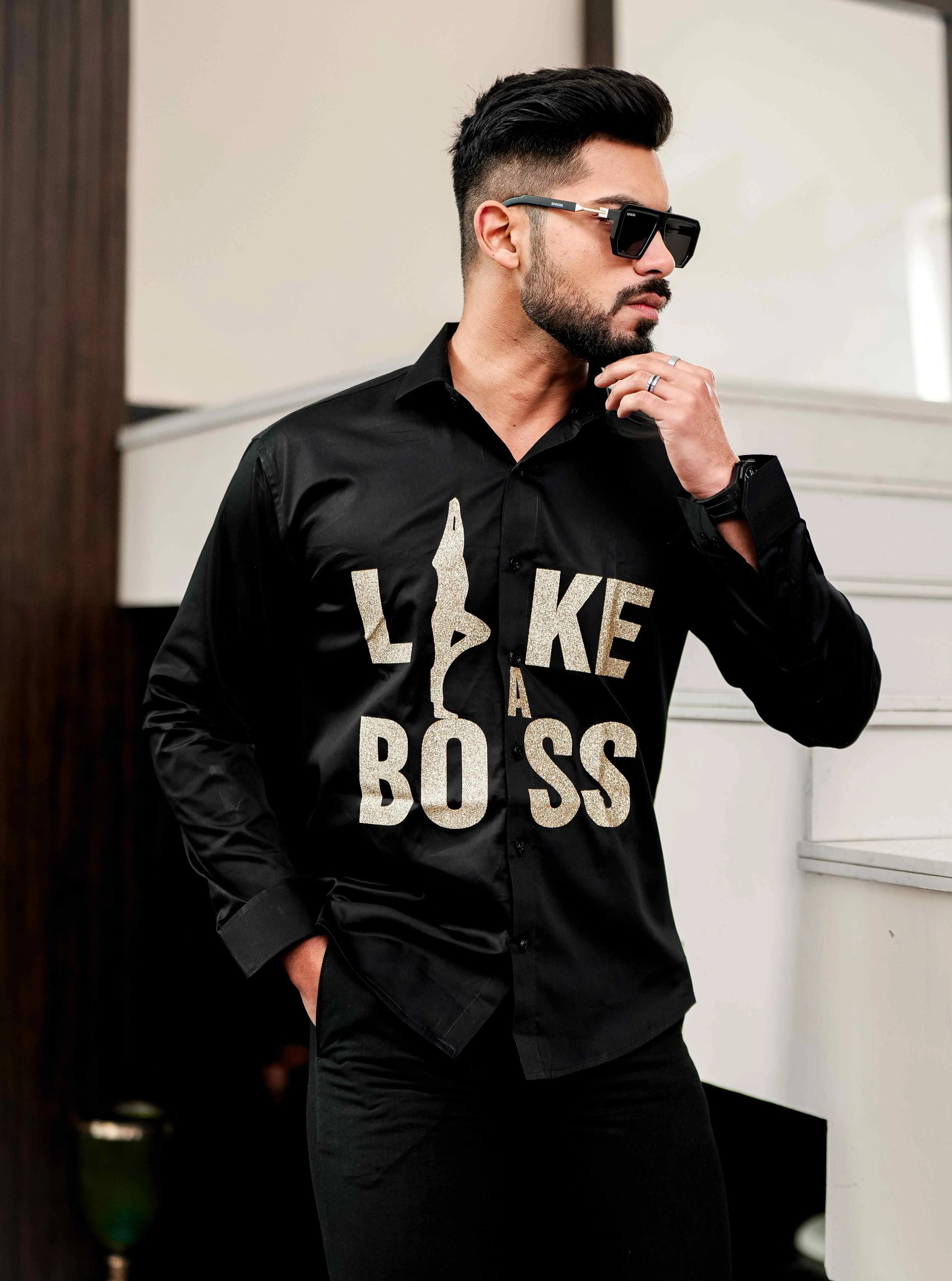 Black Club Wear Like A Boss Printed Satin Cotton Shirt