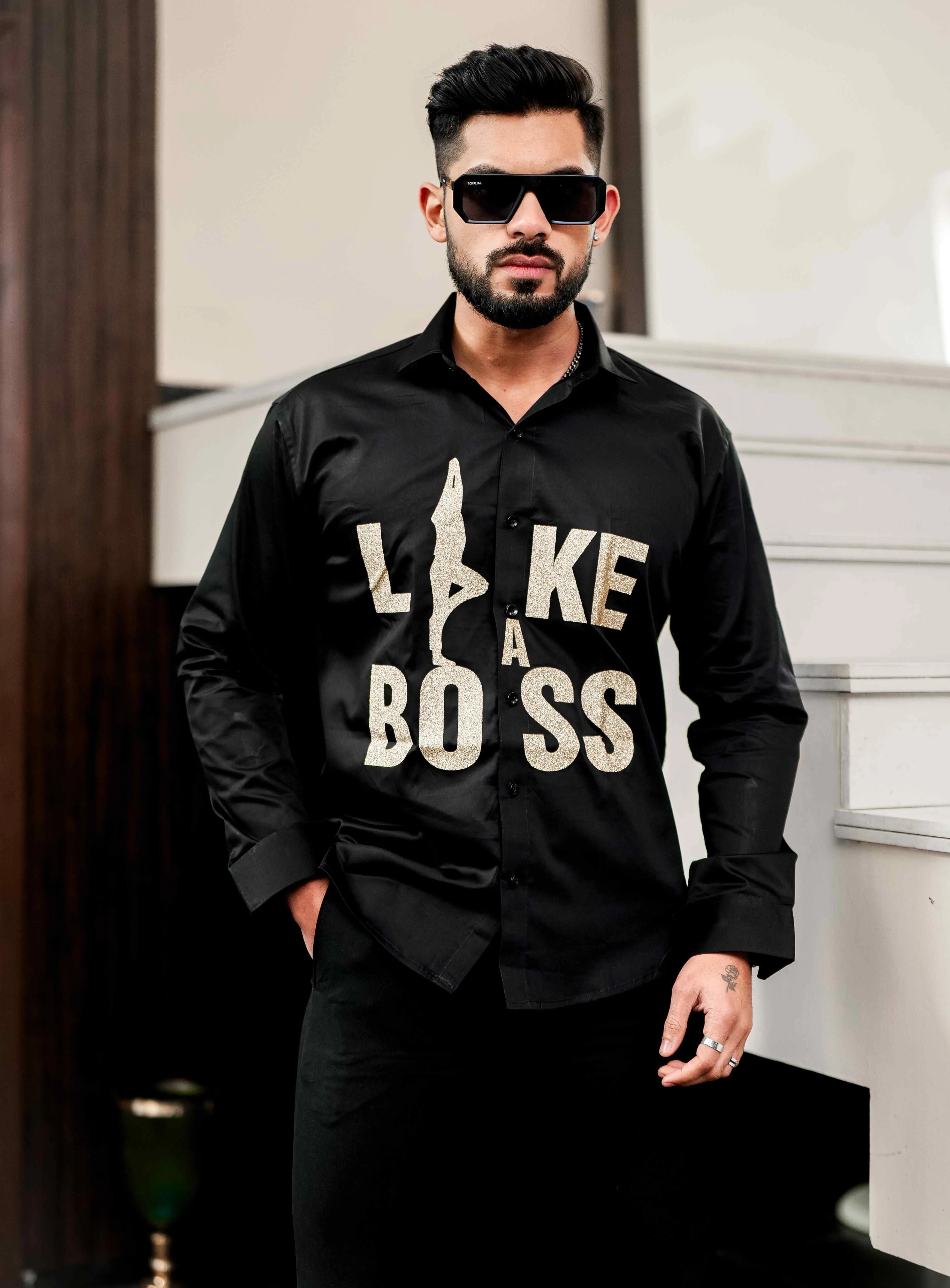 Black Club Wear Like A Boss Printed Satin Cotton Shirt