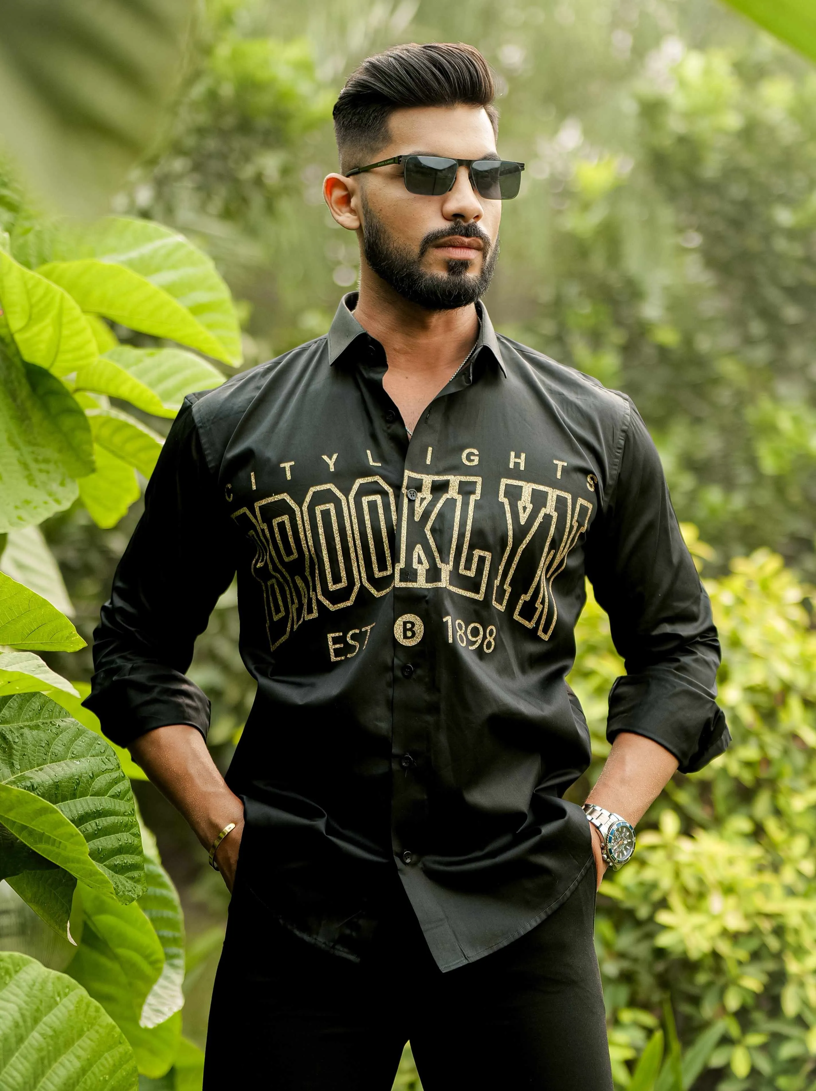 Black Club Wear Printed Satin Cotton Shirt