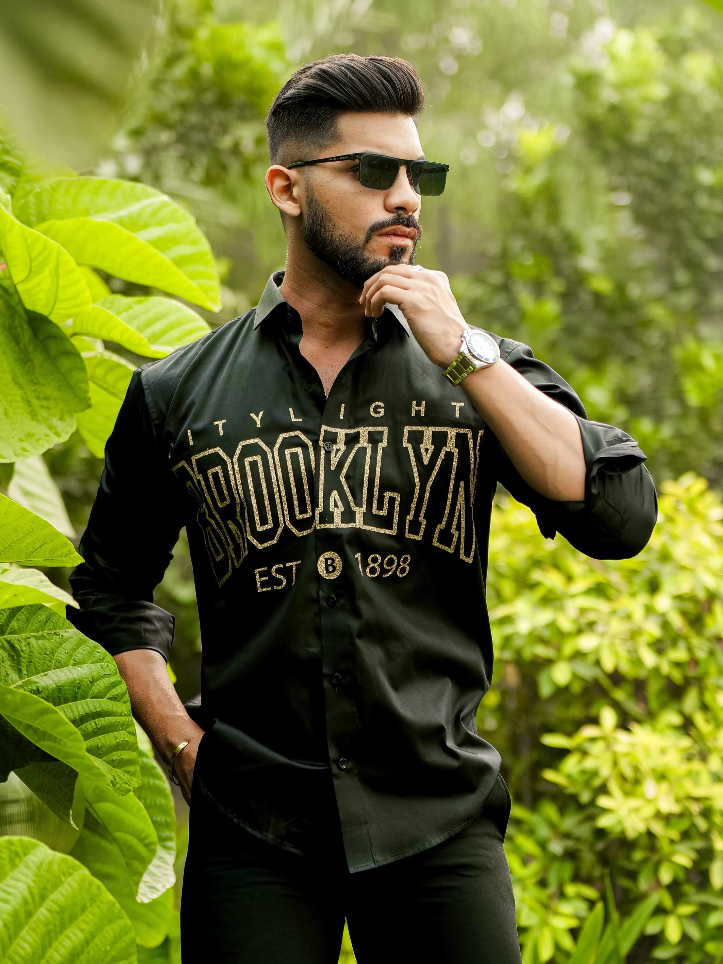 Black Club Wear Printed Satin Cotton Shirt