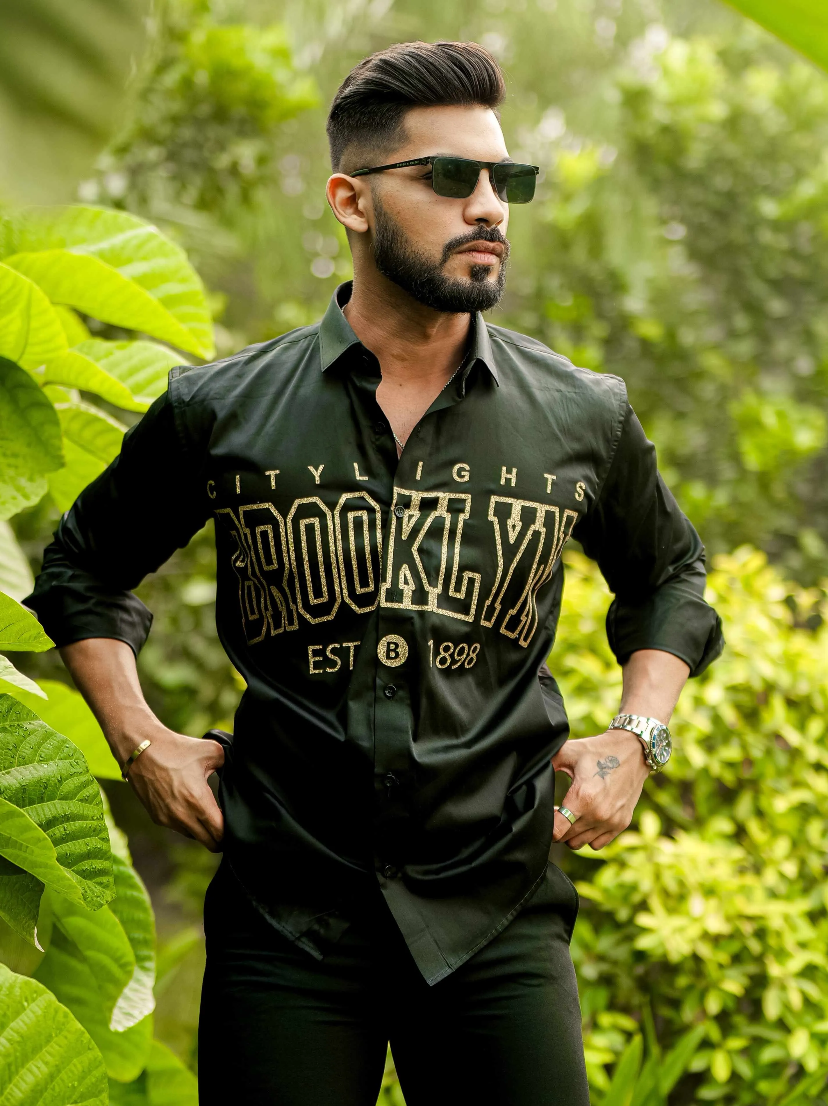 Black Club Wear Printed Satin Cotton Shirt