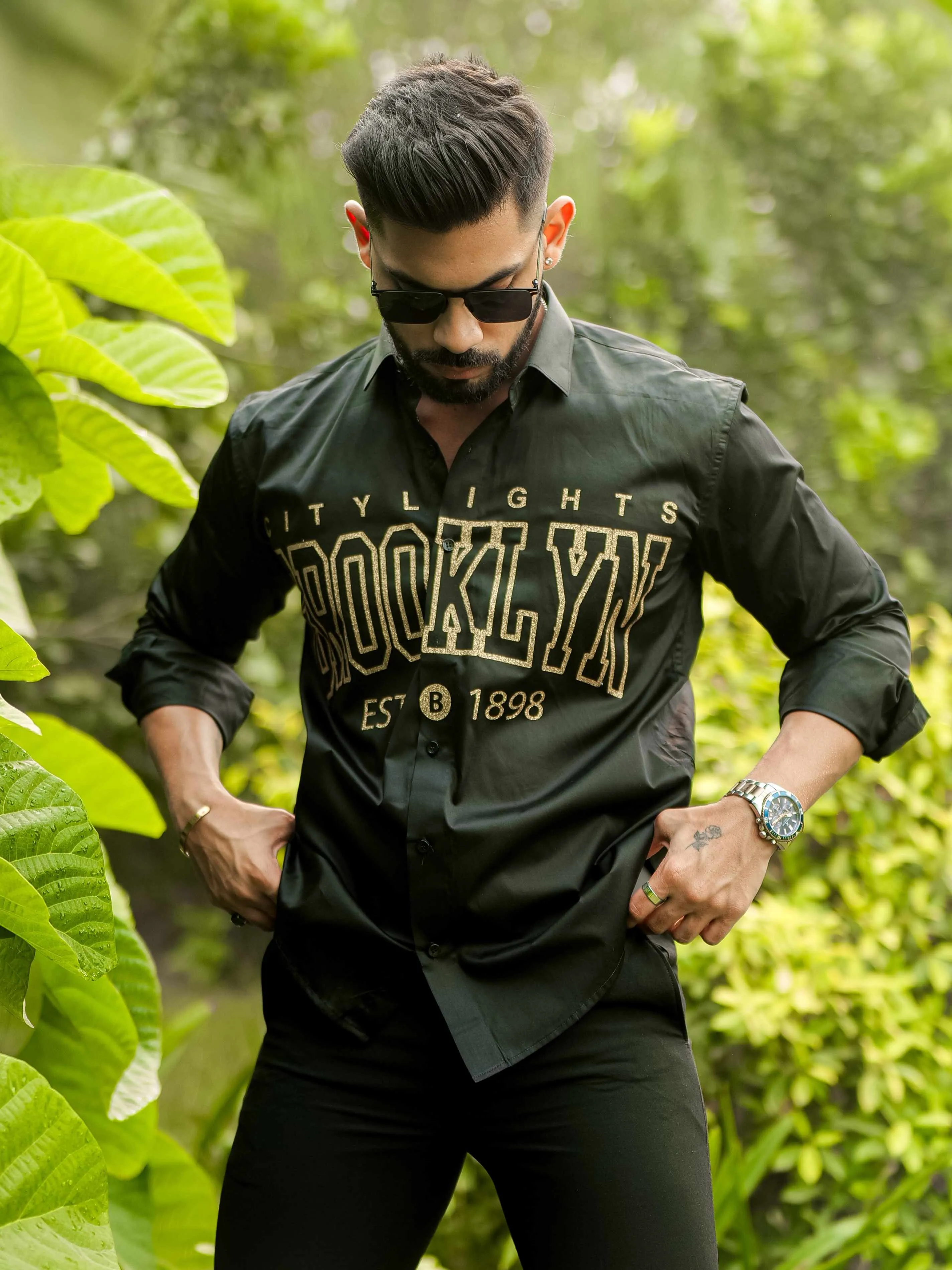 Black Club Wear Printed Satin Cotton Shirt