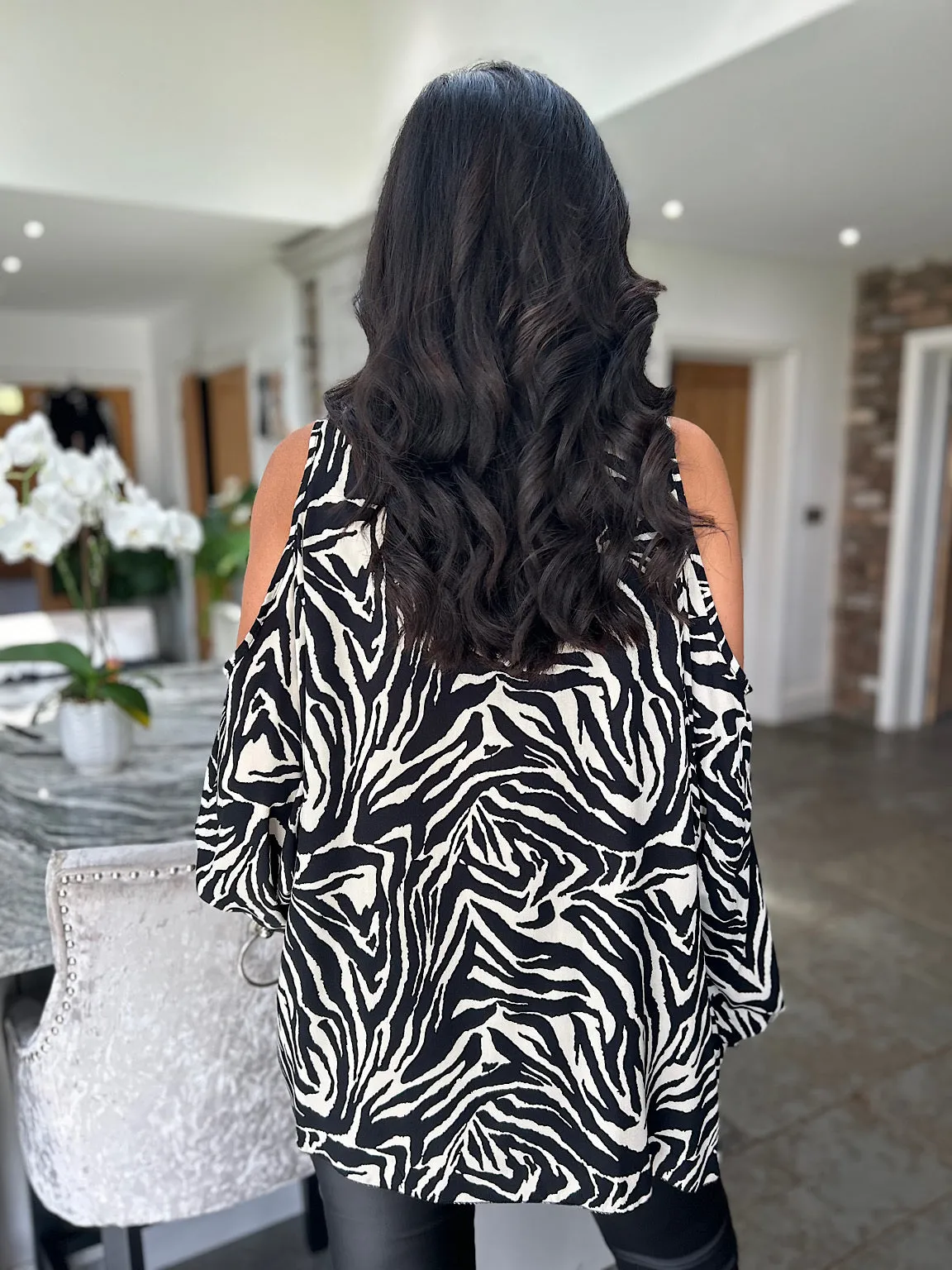 Black Cold Shoulder Zebra Print Top Anna