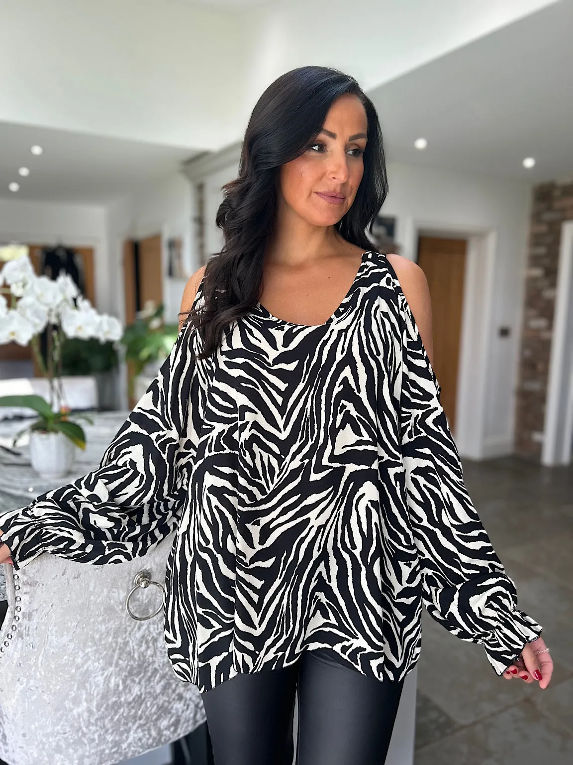 Black Cold Shoulder Zebra Print Top Anna