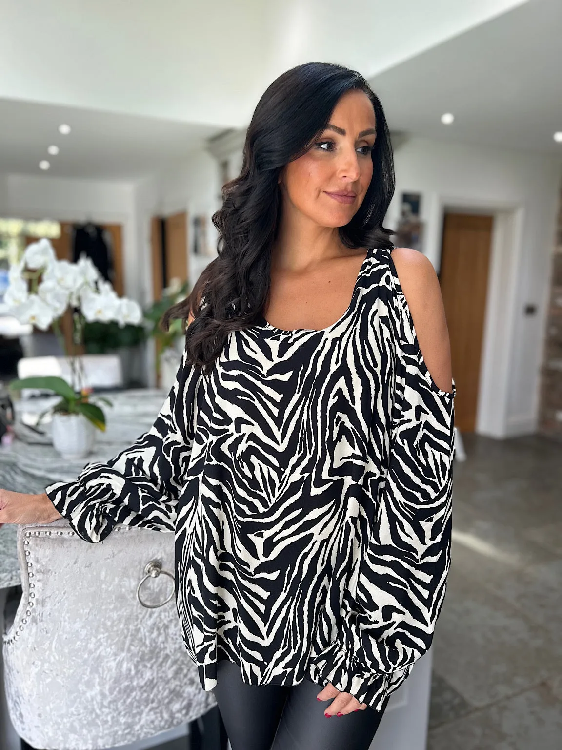 Black Cold Shoulder Zebra Print Top Anna