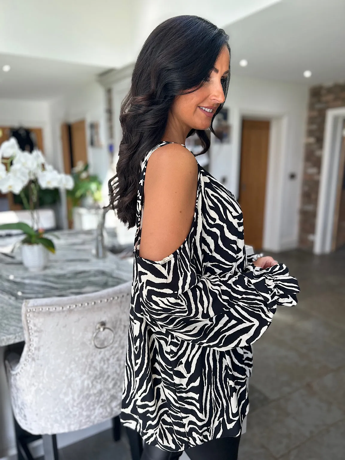 Black Cold Shoulder Zebra Print Top Anna