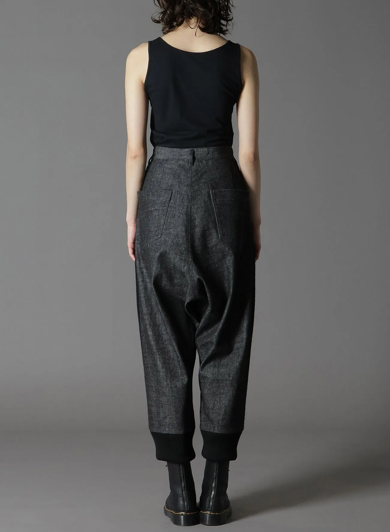 BLACK DENIM  WOOL JERSEY RIBBED HEM PANTS