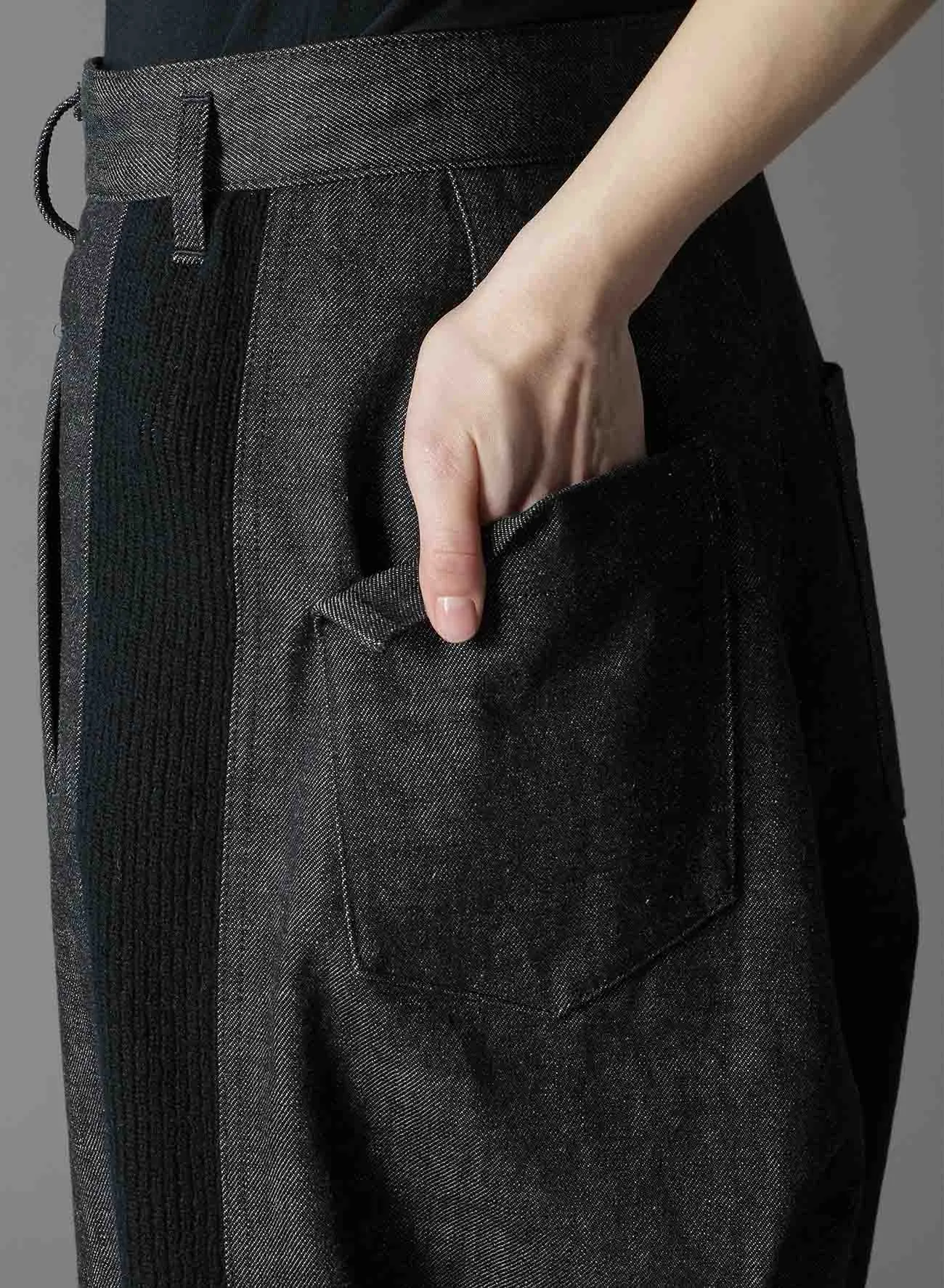 BLACK DENIM  WOOL JERSEY RIBBED HEM PANTS