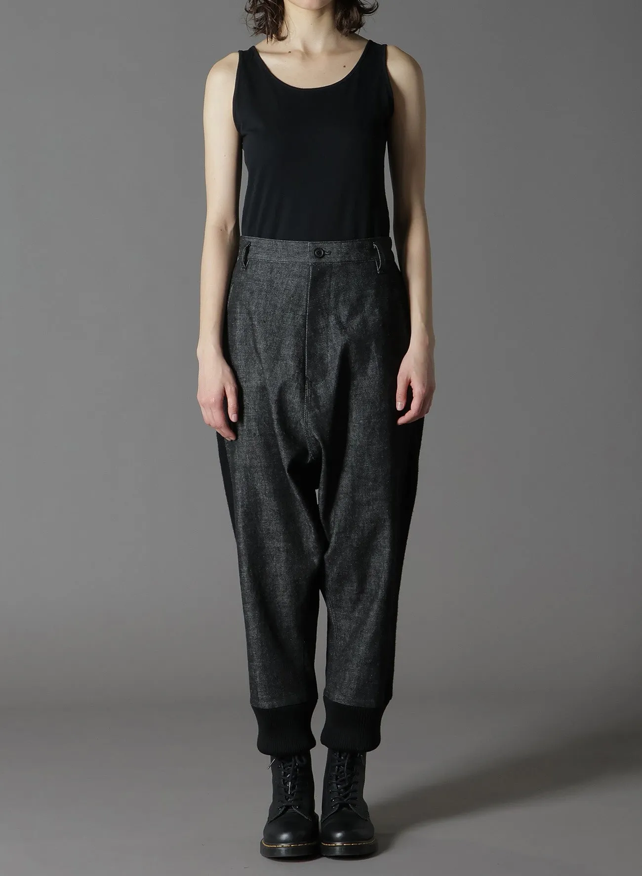 BLACK DENIM  WOOL JERSEY RIBBED HEM PANTS