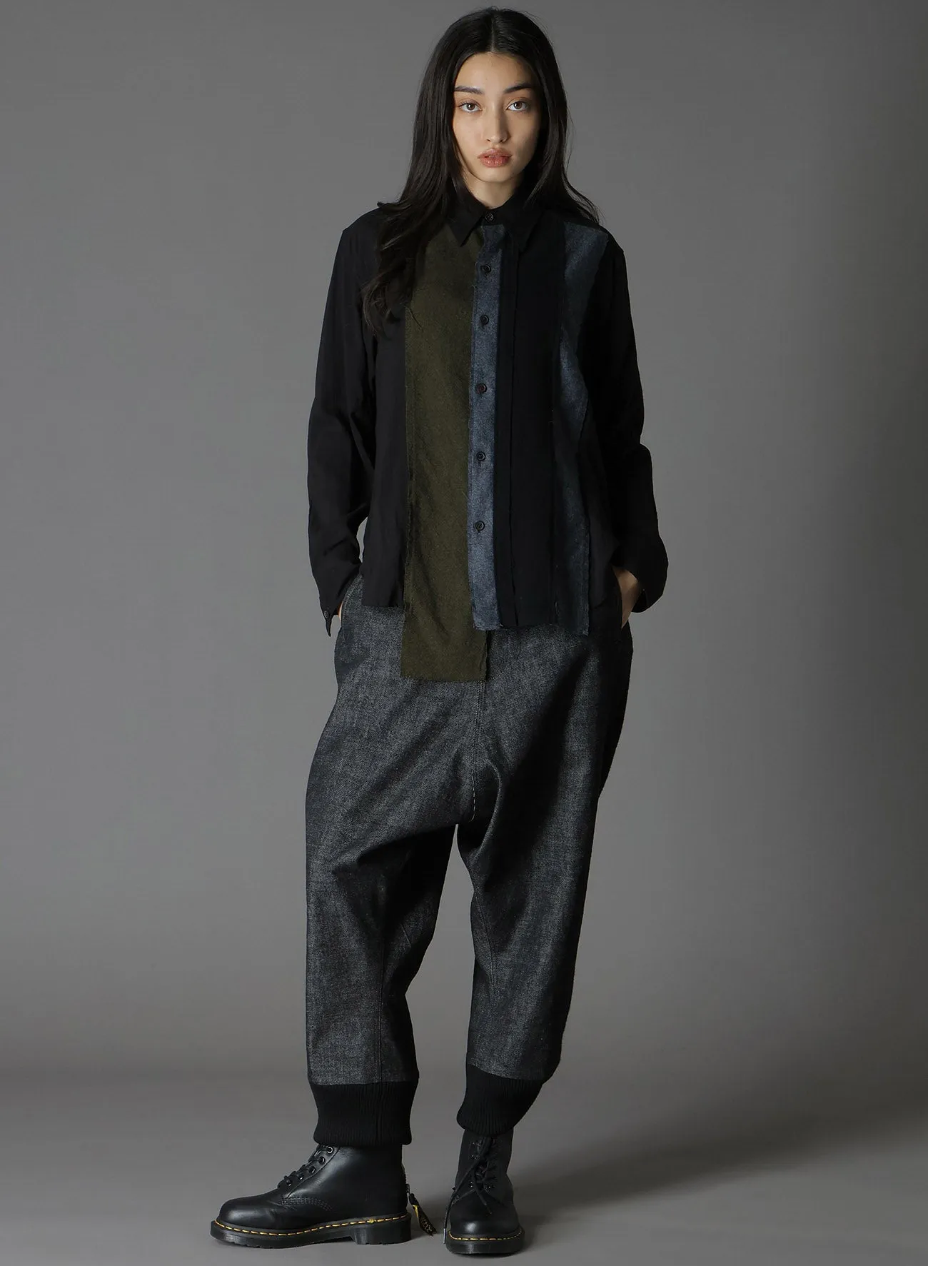 BLACK DENIM  WOOL JERSEY RIBBED HEM PANTS