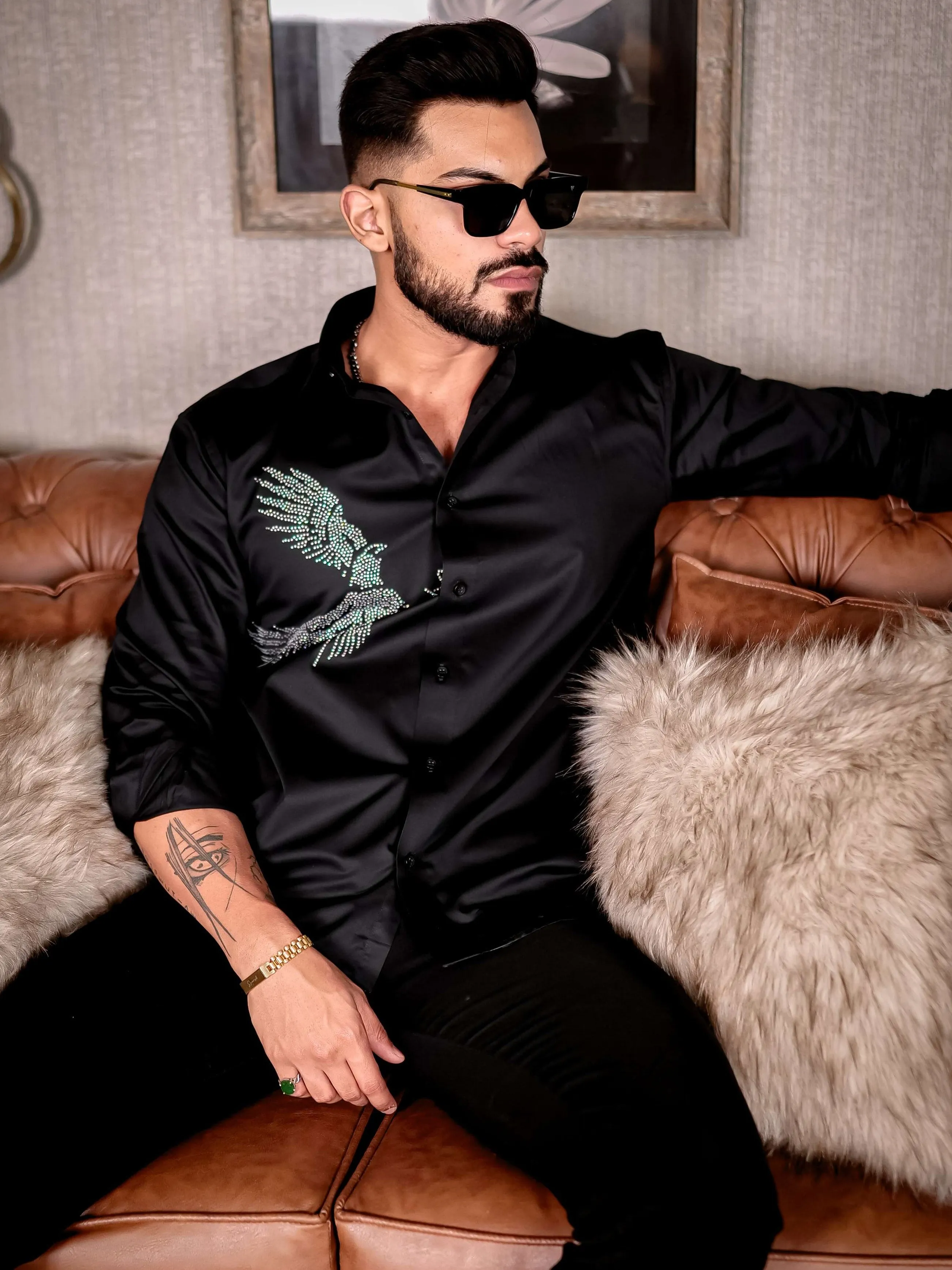 Black Eagle Club Wear Starry Beaded Satin Cotton Premium Party Shirt