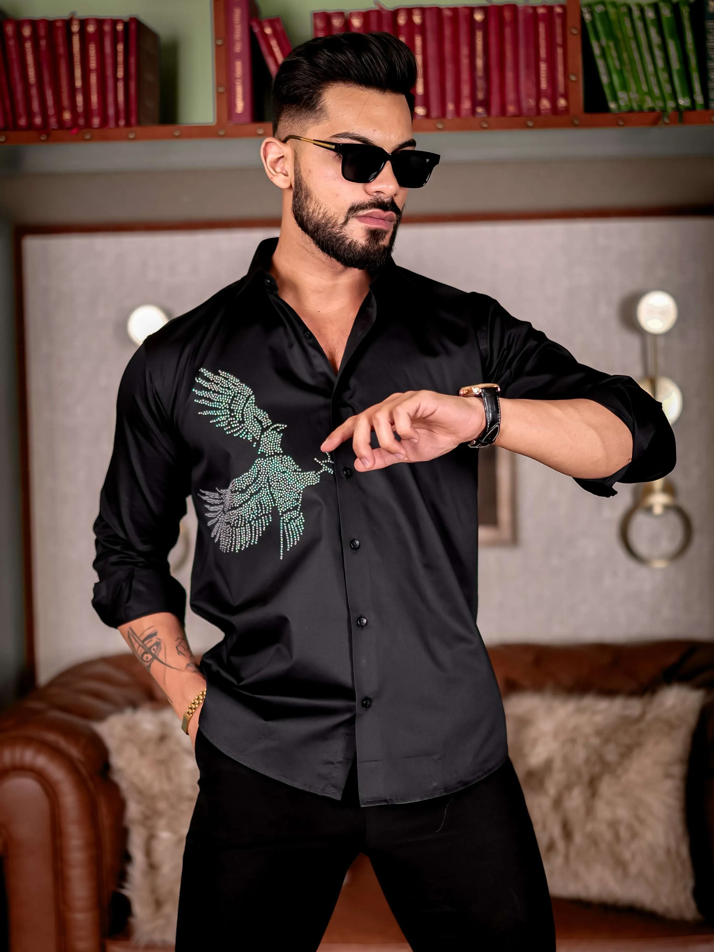 Black Eagle Club Wear Starry Beaded Satin Cotton Premium Party Shirt