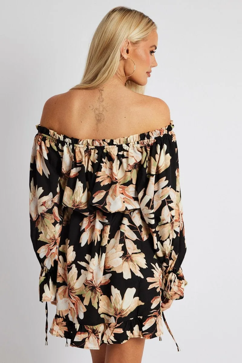 Black Floral Off Shoulder Dress Balloon Sleeve Skater Dress