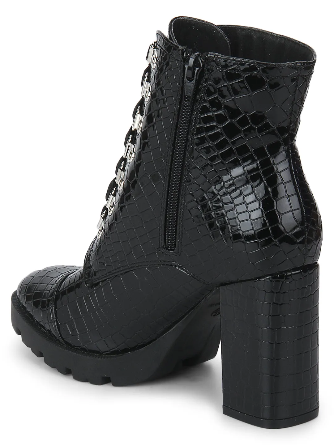 Black PU Block Heel Lace-Up Ankle Boots