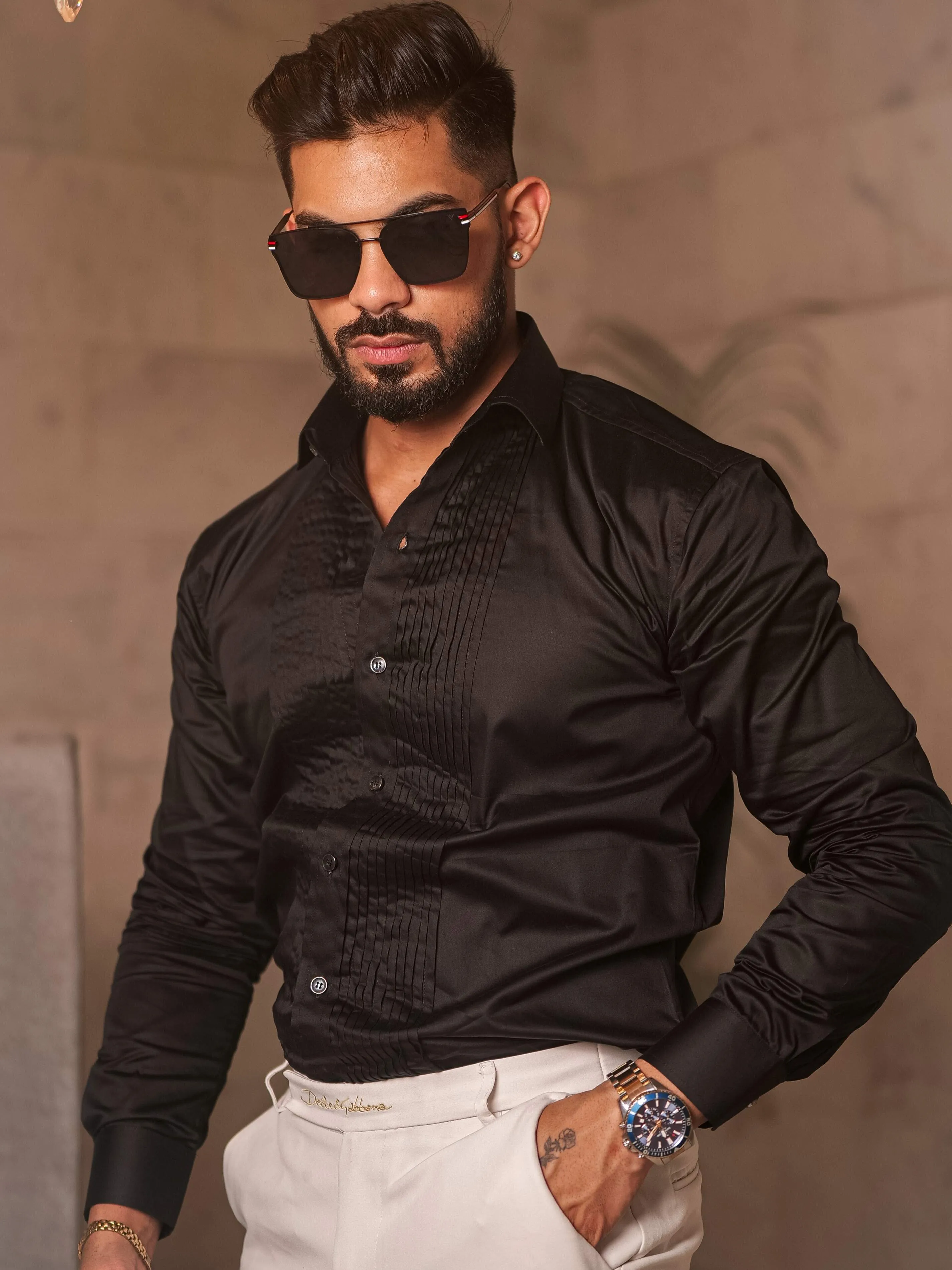 Black Subtle Sheen Tuxedo Premium Giza Satin Cotton Shirt