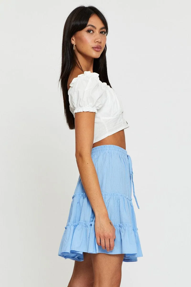 Blue Elastic Waist Frill Hem Skater Skirt