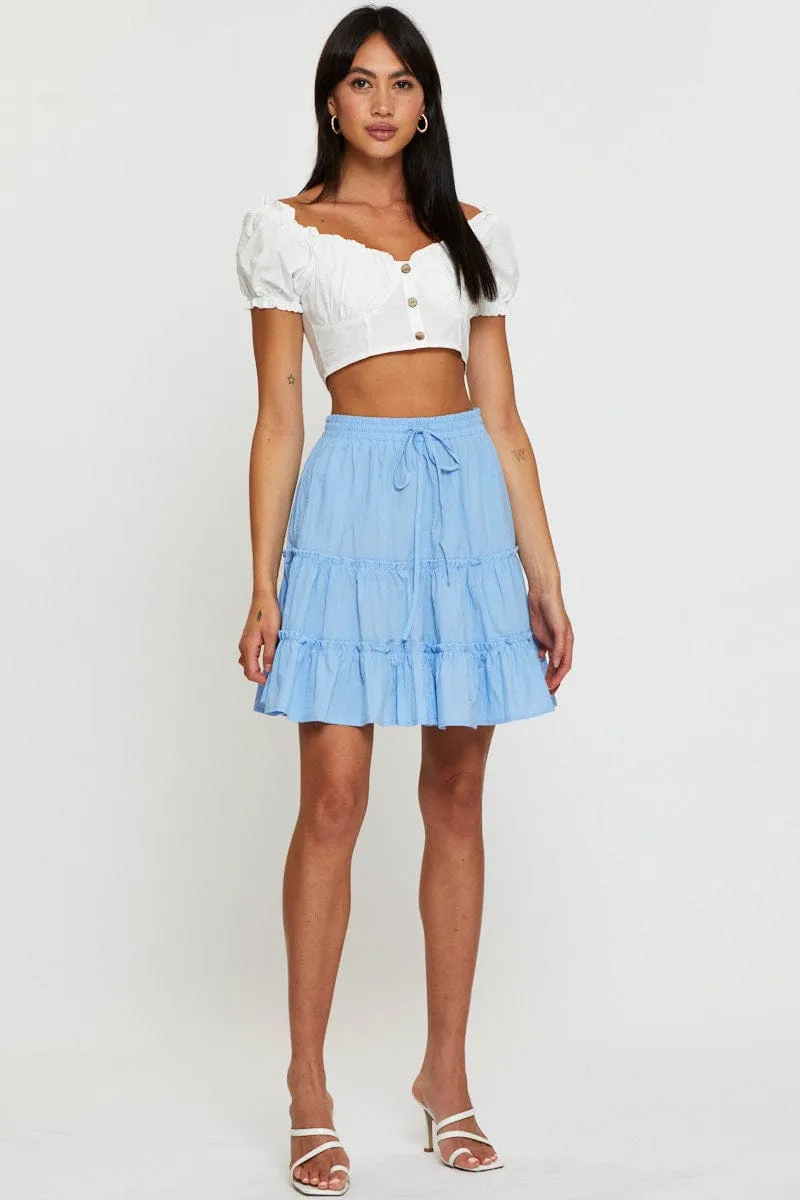 Blue Elastic Waist Frill Hem Skater Skirt