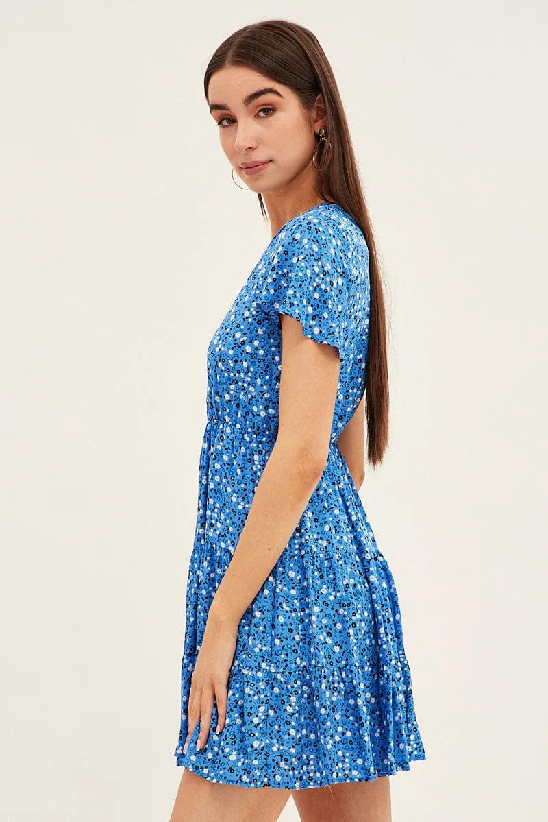 Blue Floral Button Front Short Sleeve Mini Skater Dress