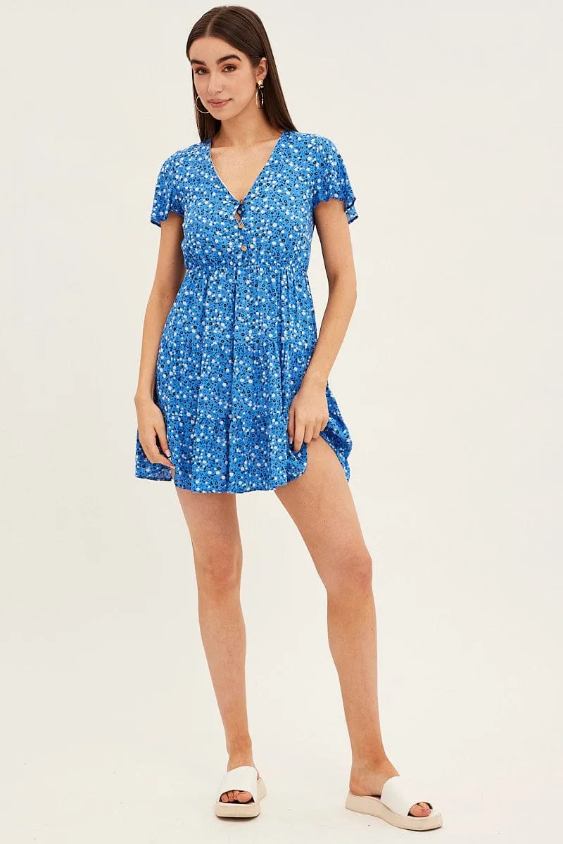 Blue Floral Button Front Short Sleeve Mini Skater Dress